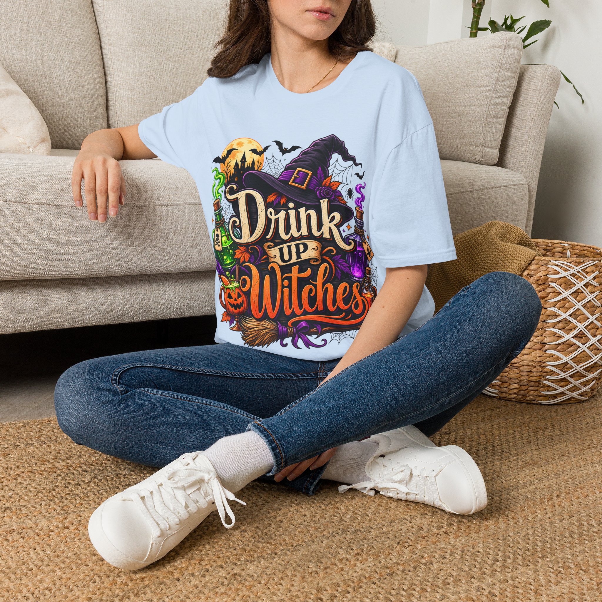 Drink Up Witches Halloween T‑Shirt worn as spooky autumn outfit