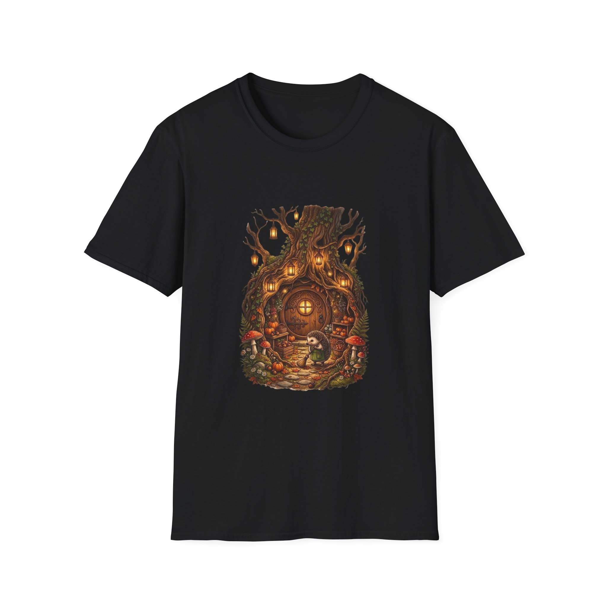 Woodland fantasy t‑shirt showing glowing treehouse illustration