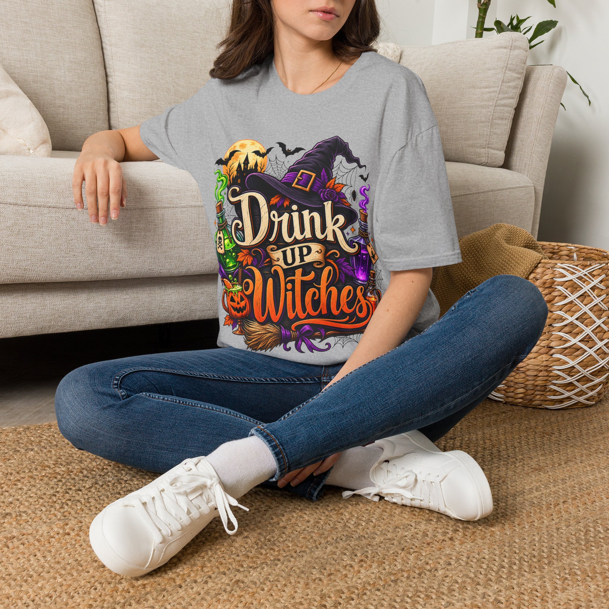 Drink Up Witches Halloween T‑Shirt worn as spooky autumn outfit