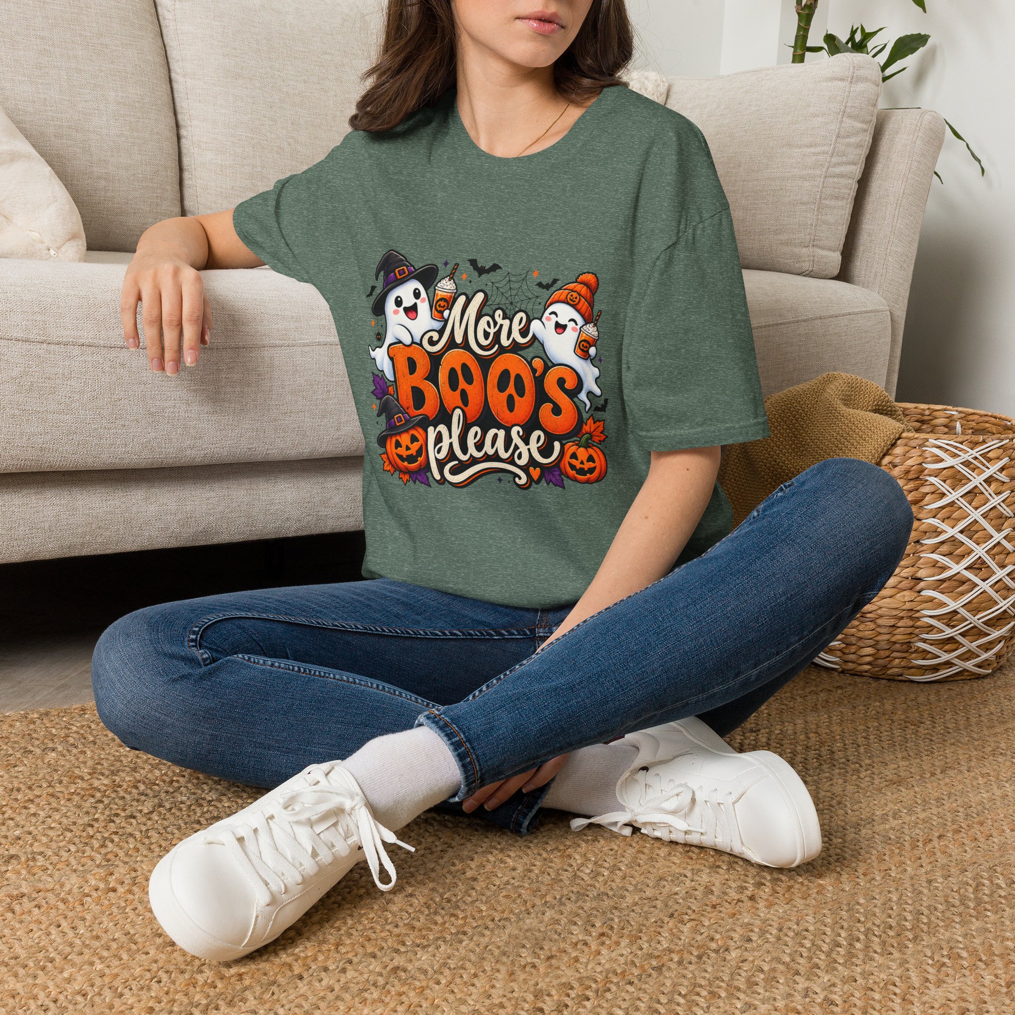 More Boos Please Halloween T Shirt print detail – ghosts and pumpkin graphic