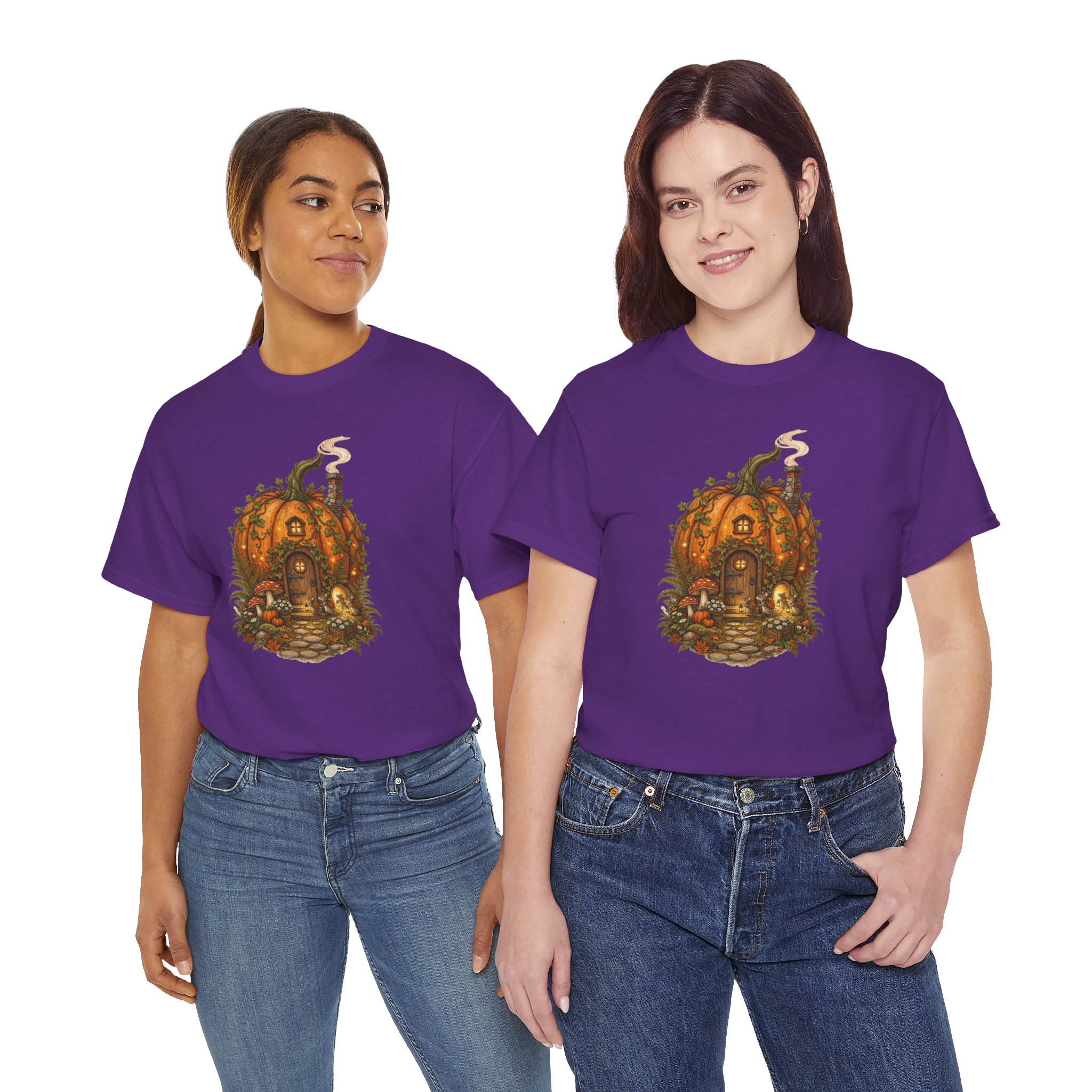 Full Pumpkin Cottage Halloween design printed on a soft cotton T‑shirt.