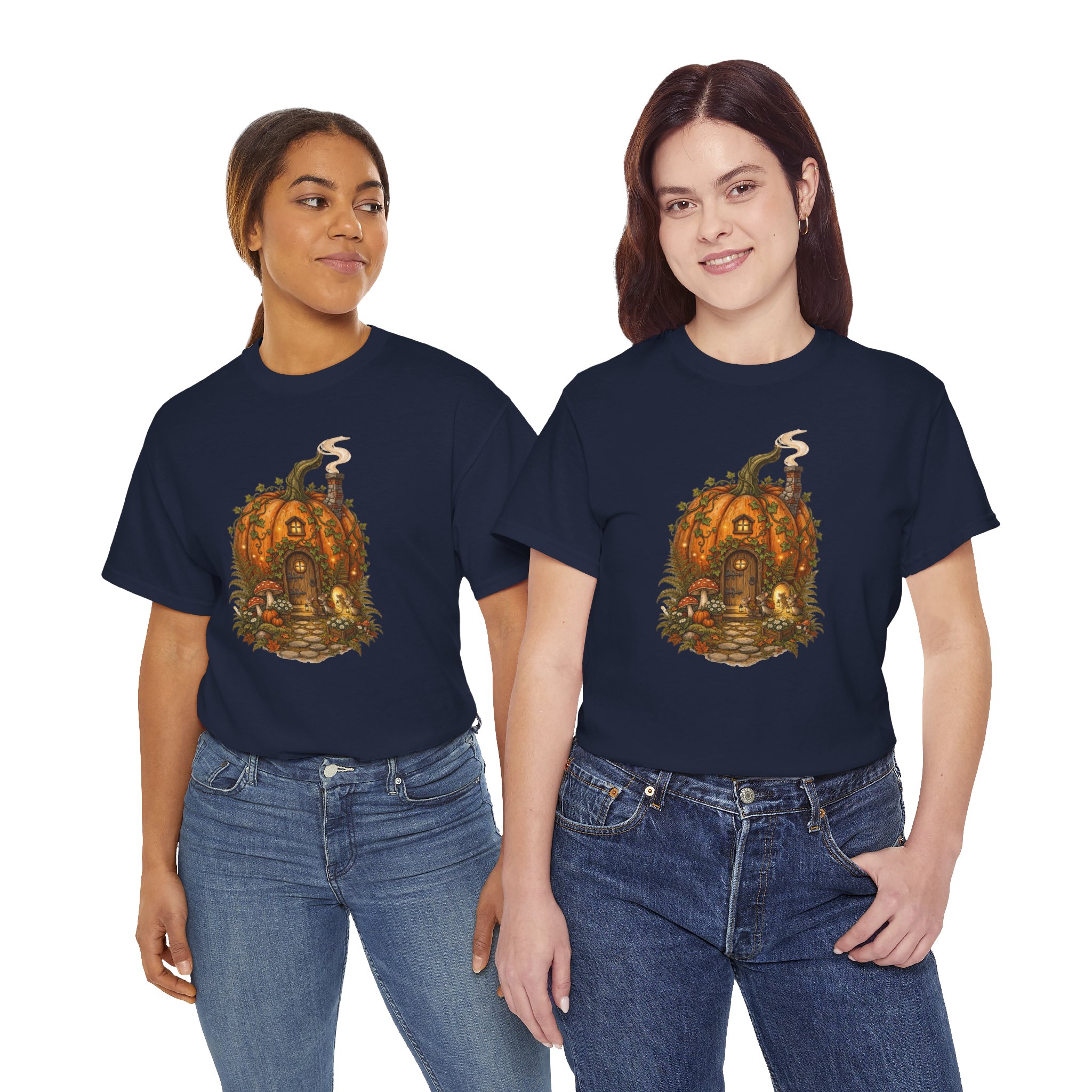 Full Pumpkin Cottage Halloween design printed on a soft cotton T‑shirt.