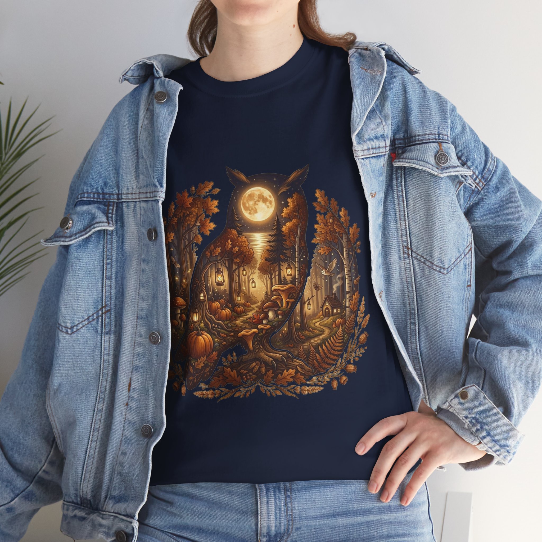 moonlit forest owl fall graphic tee