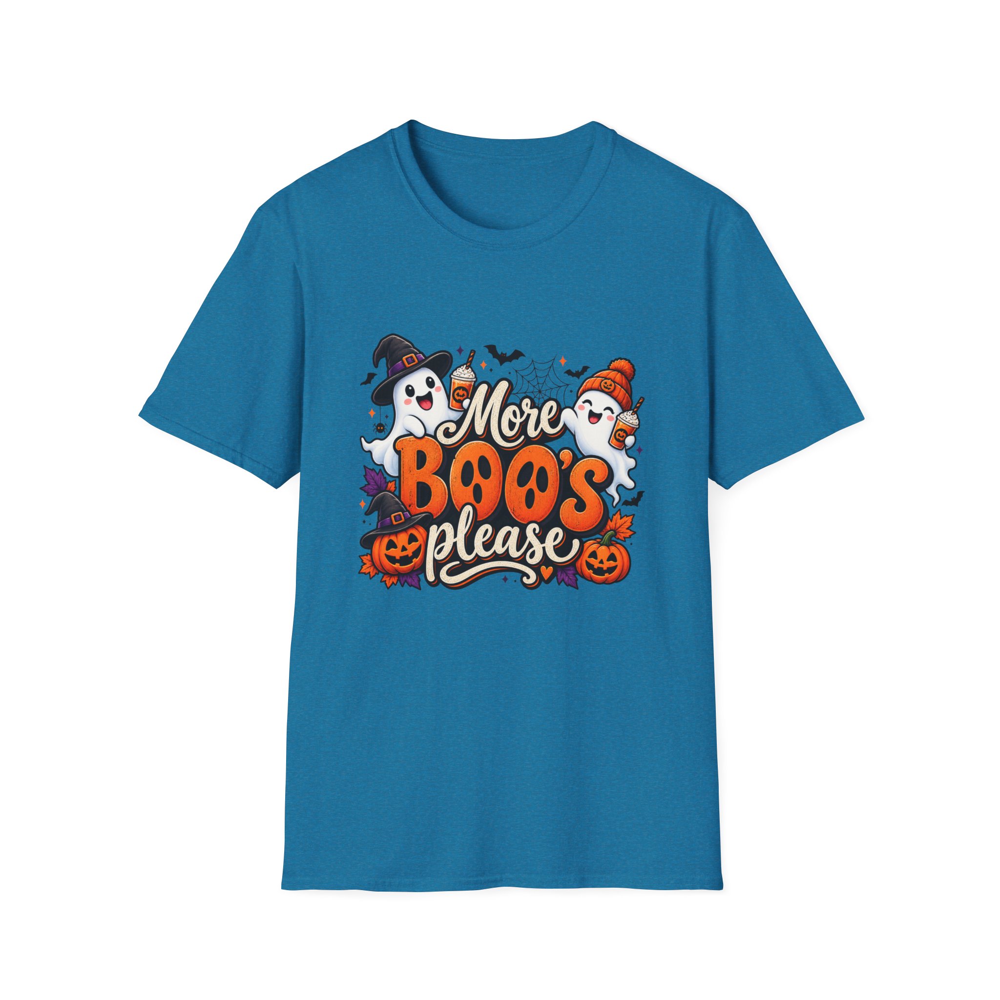 More Boos Please Halloween T Shirt print detail – ghosts and pumpkin graphic