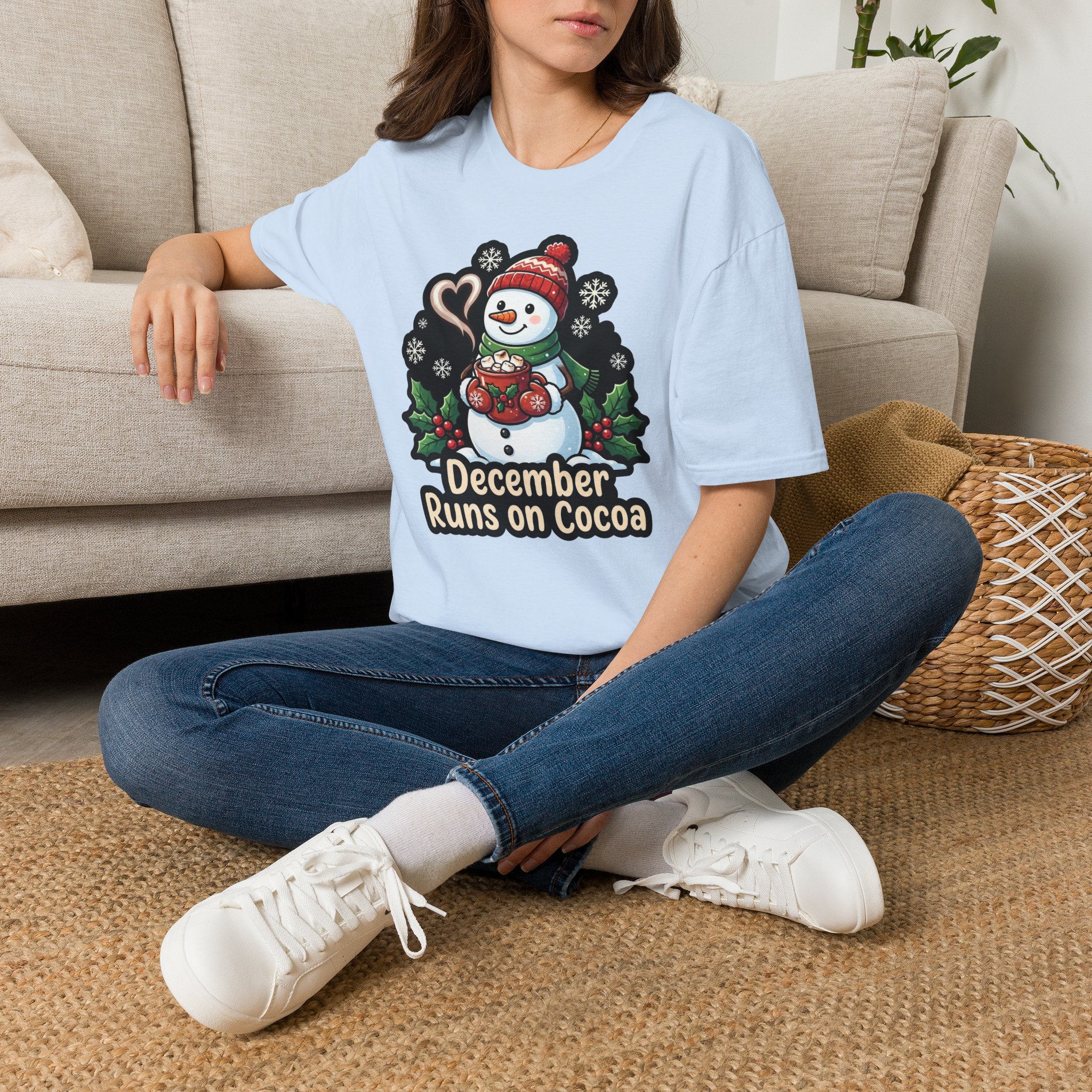 Christmas Snowman T-Shirt — "December Runs on Cocoa" Holiday Graphic Tee - Image 17