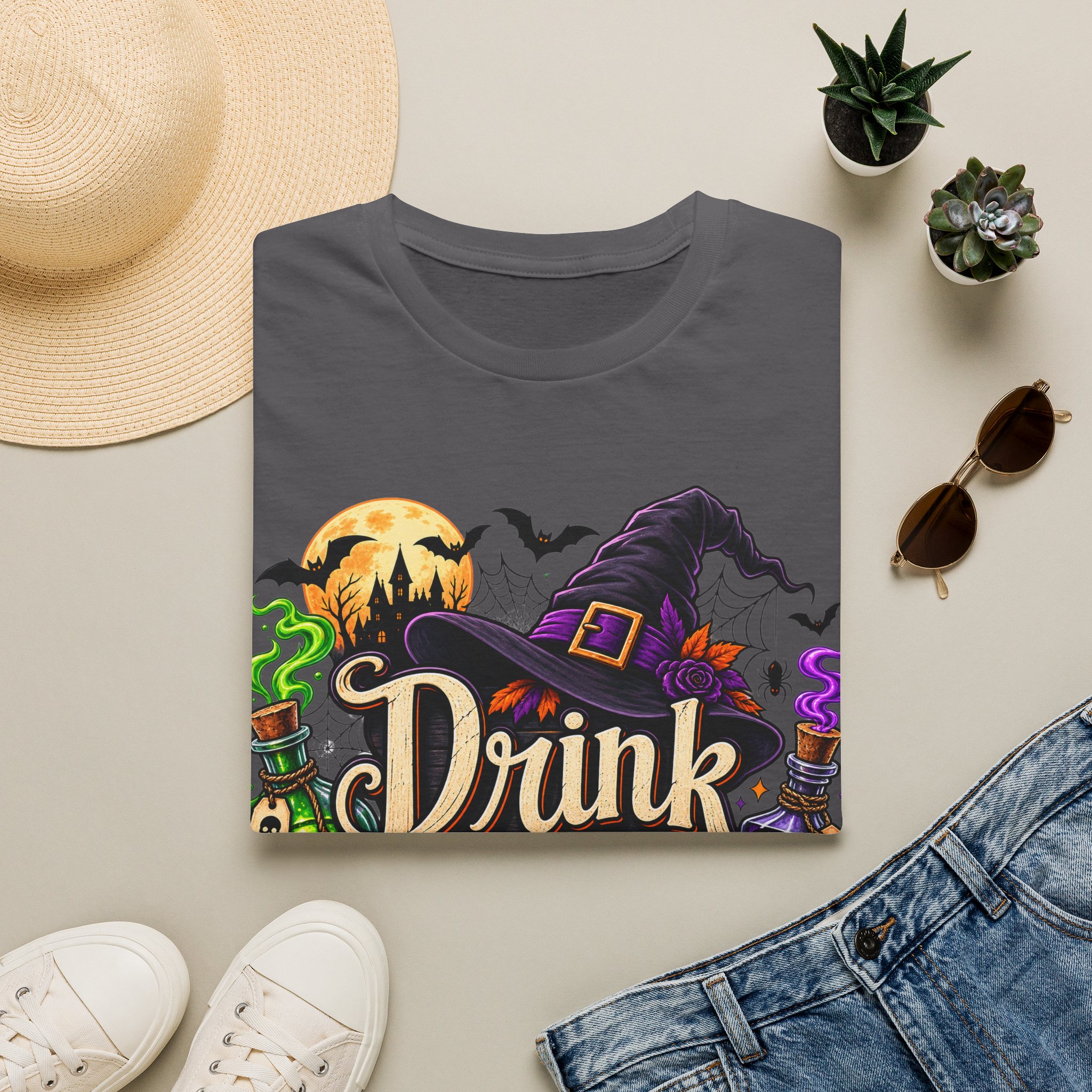 Close‑up of Drink Up Witches Halloween design with witch hat and cauldron