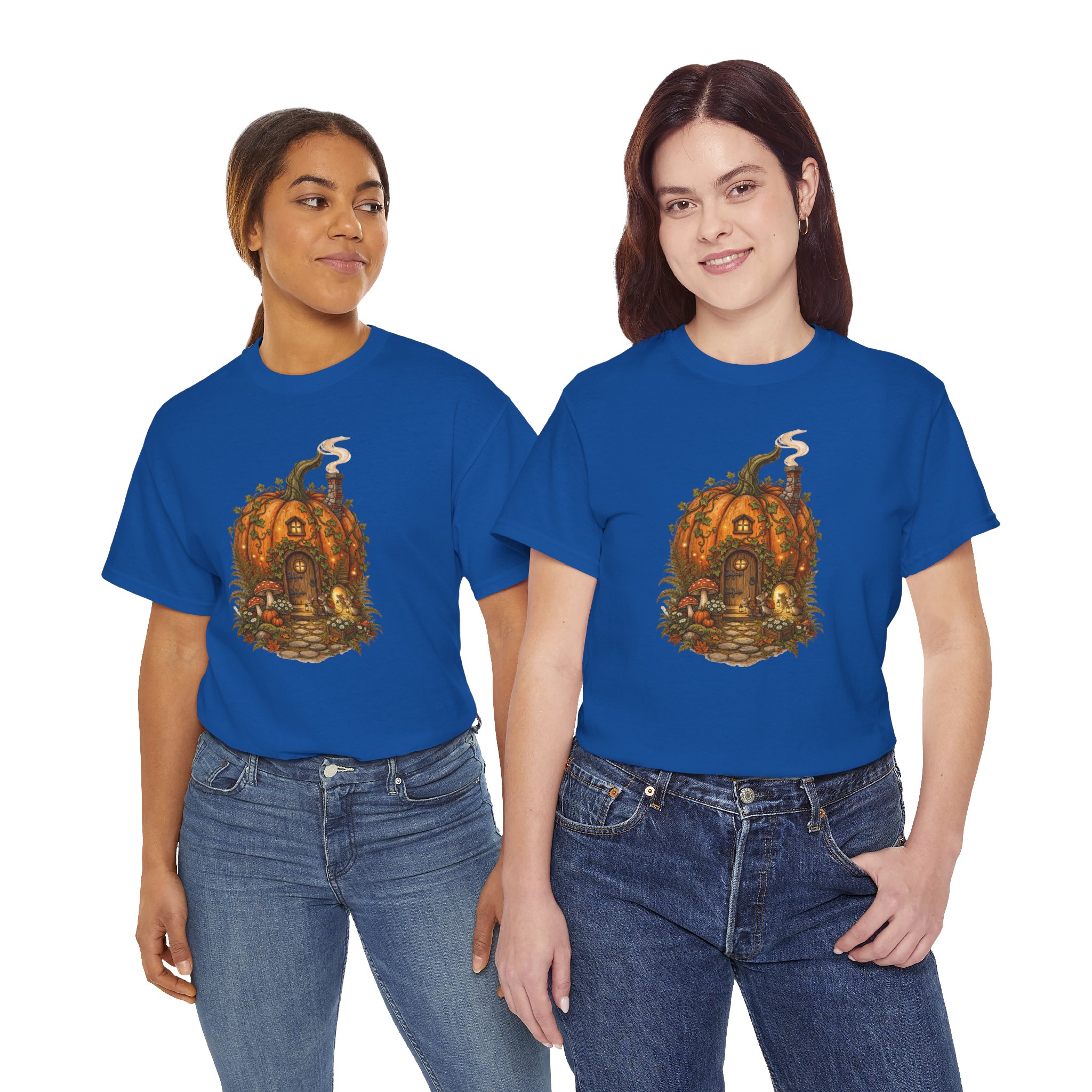 Full Pumpkin Cottage Halloween design printed on a soft cotton T‑shirt.