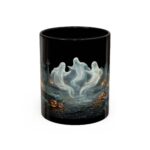 Front view of Halloween Ghosts coffee mug with graveyard and pumpkin design