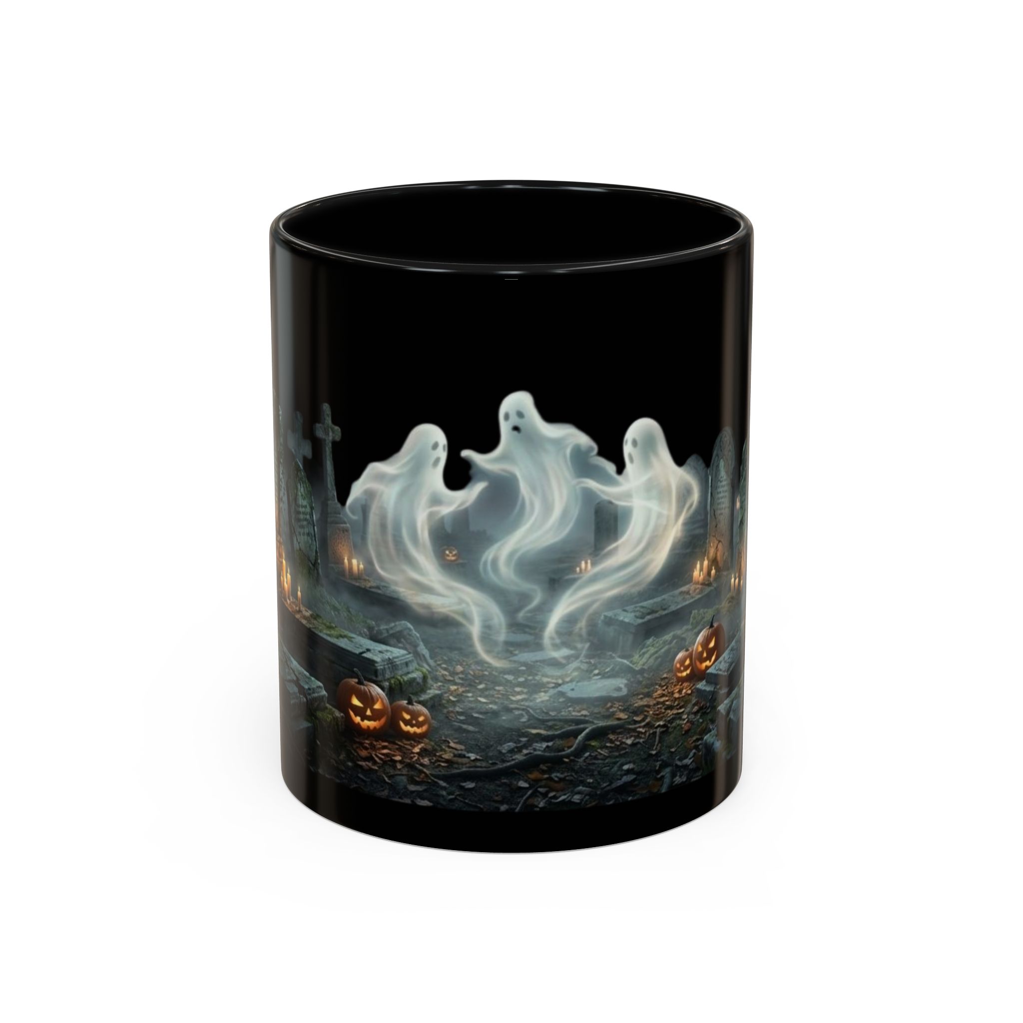 Front view of Halloween Ghosts coffee mug with graveyard and pumpkin design