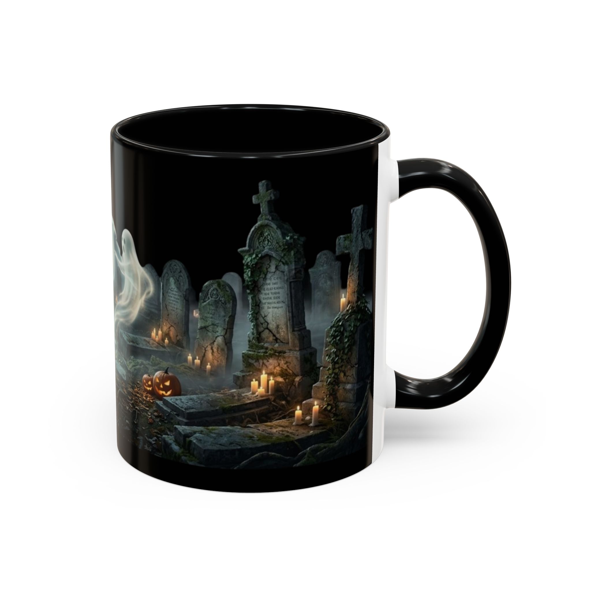 Side view of Halloween Ghosts coffee mug featuring spooky ghost artwork