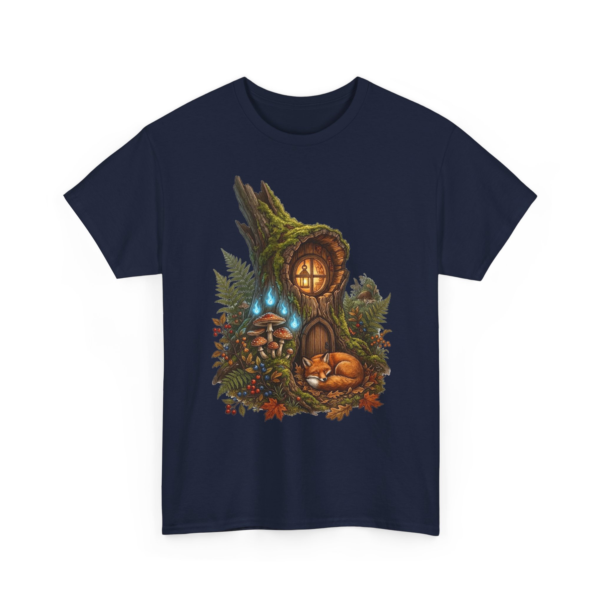 Woodland fairy home t‑shirt with cozy mushroom house illustration