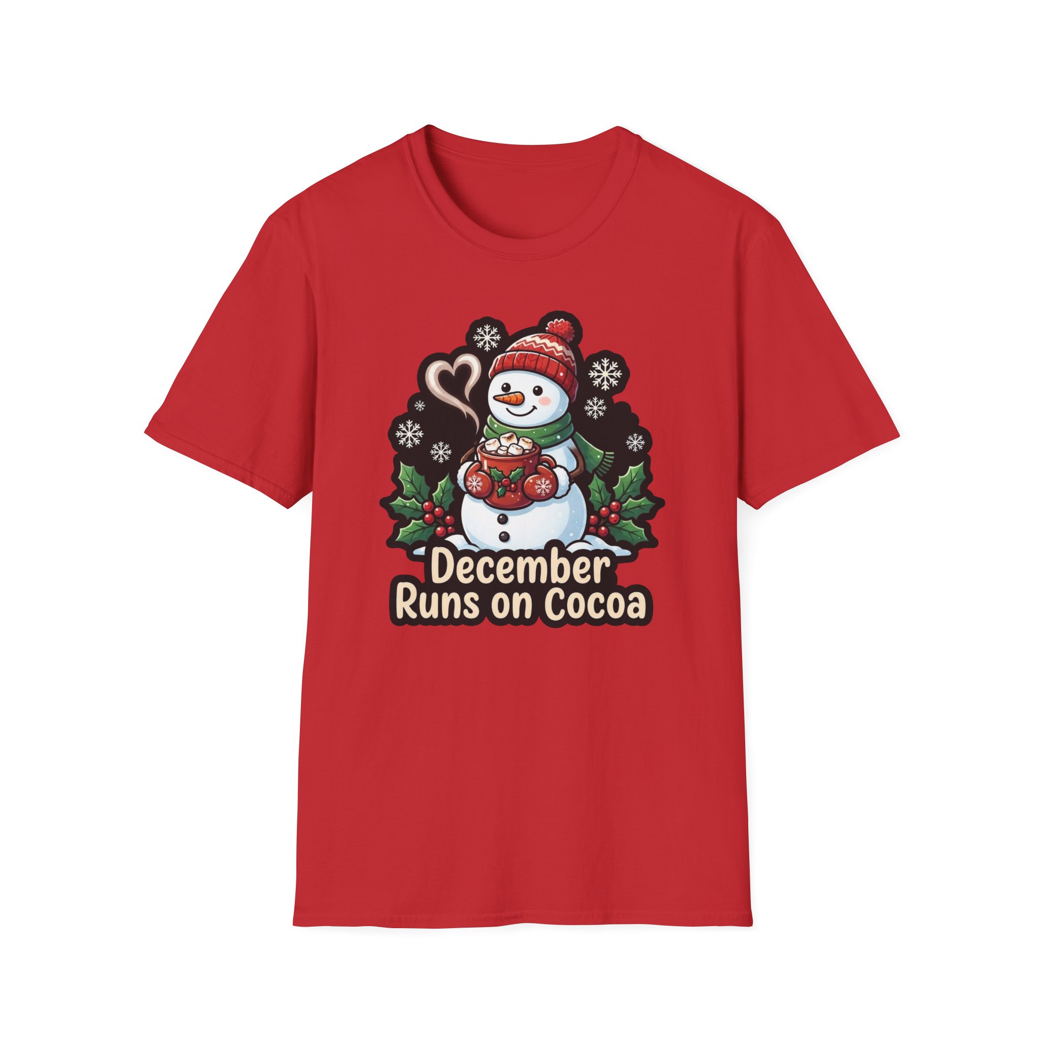 Front view of Christmas Snowman T‑shirt featuring the “December Runs on Cocoa” design