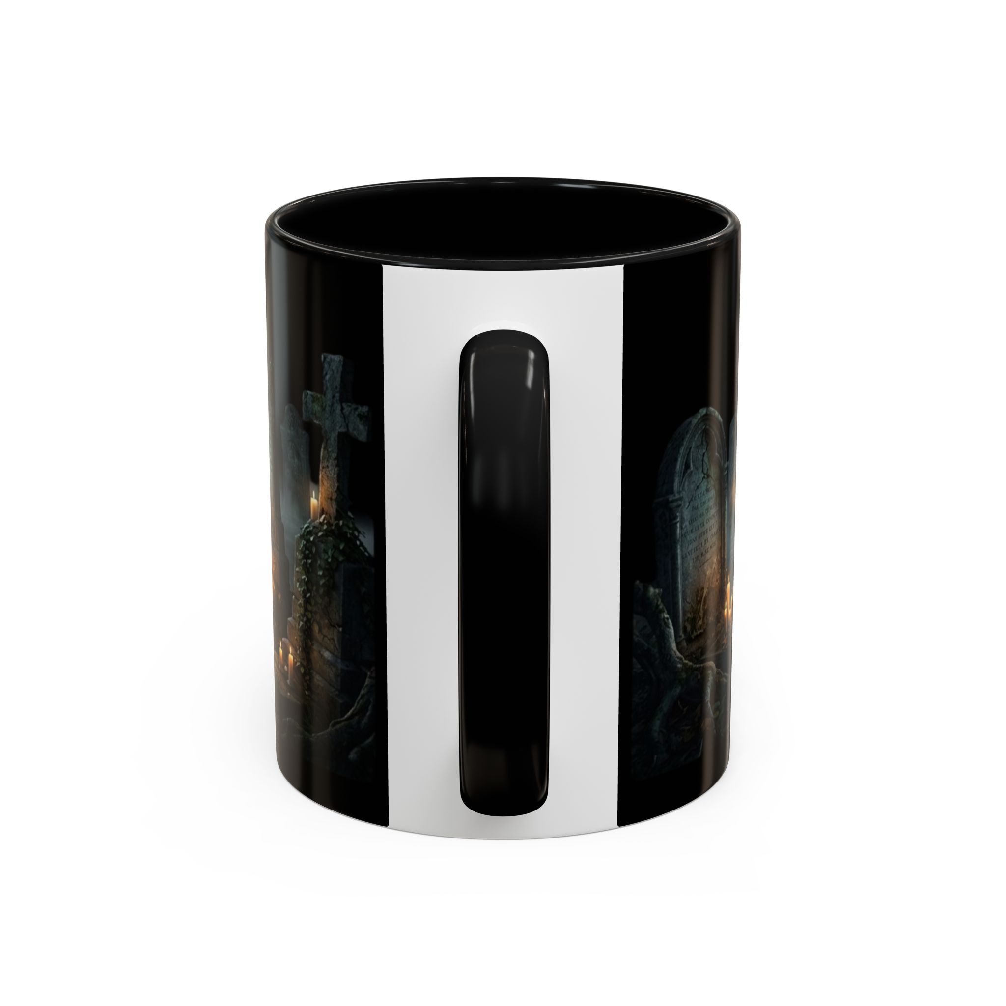 Halloween Ghosts coffee mug showing handle and graveyard artwork
