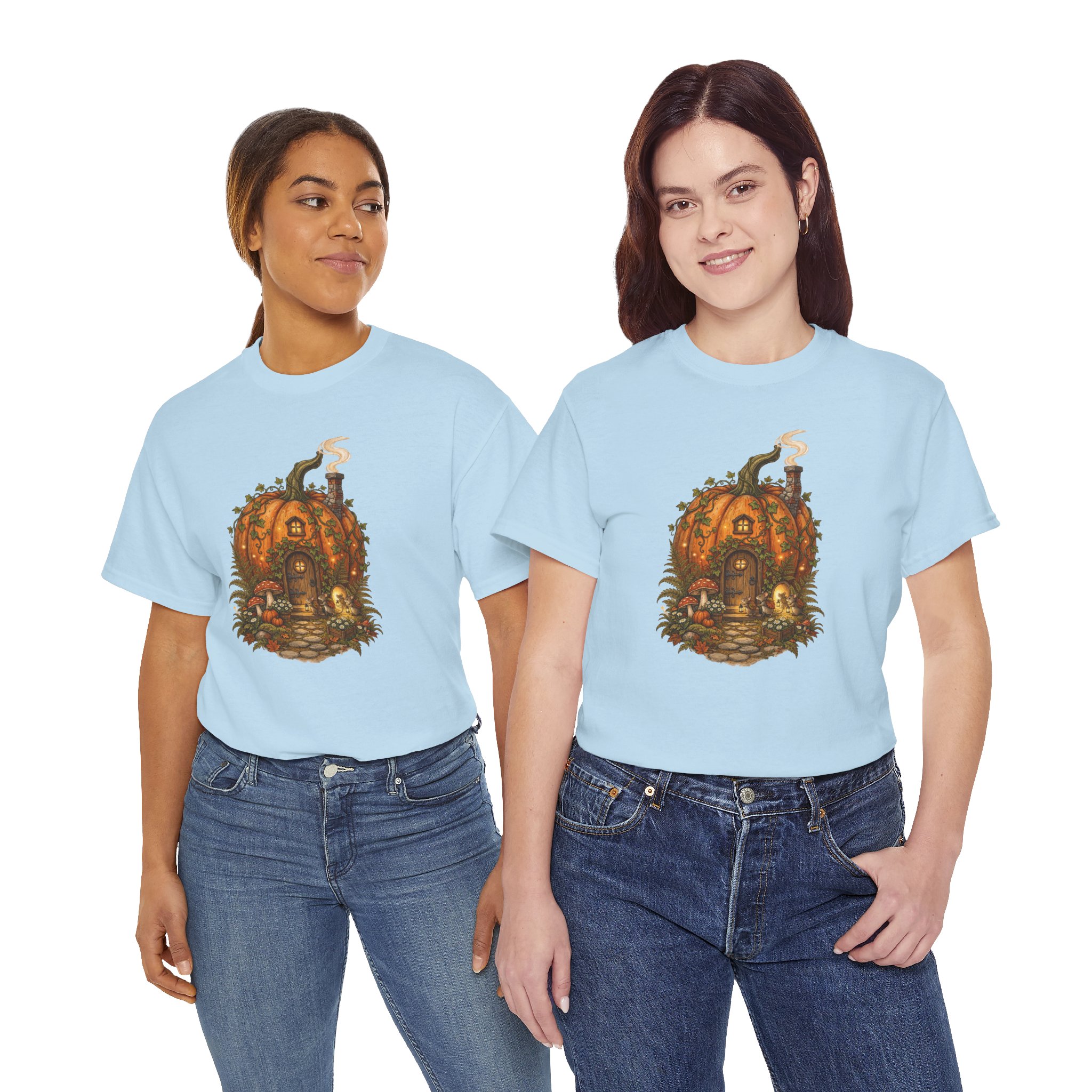 Full Pumpkin Cottage Halloween design printed on a soft cotton T‑shirt.