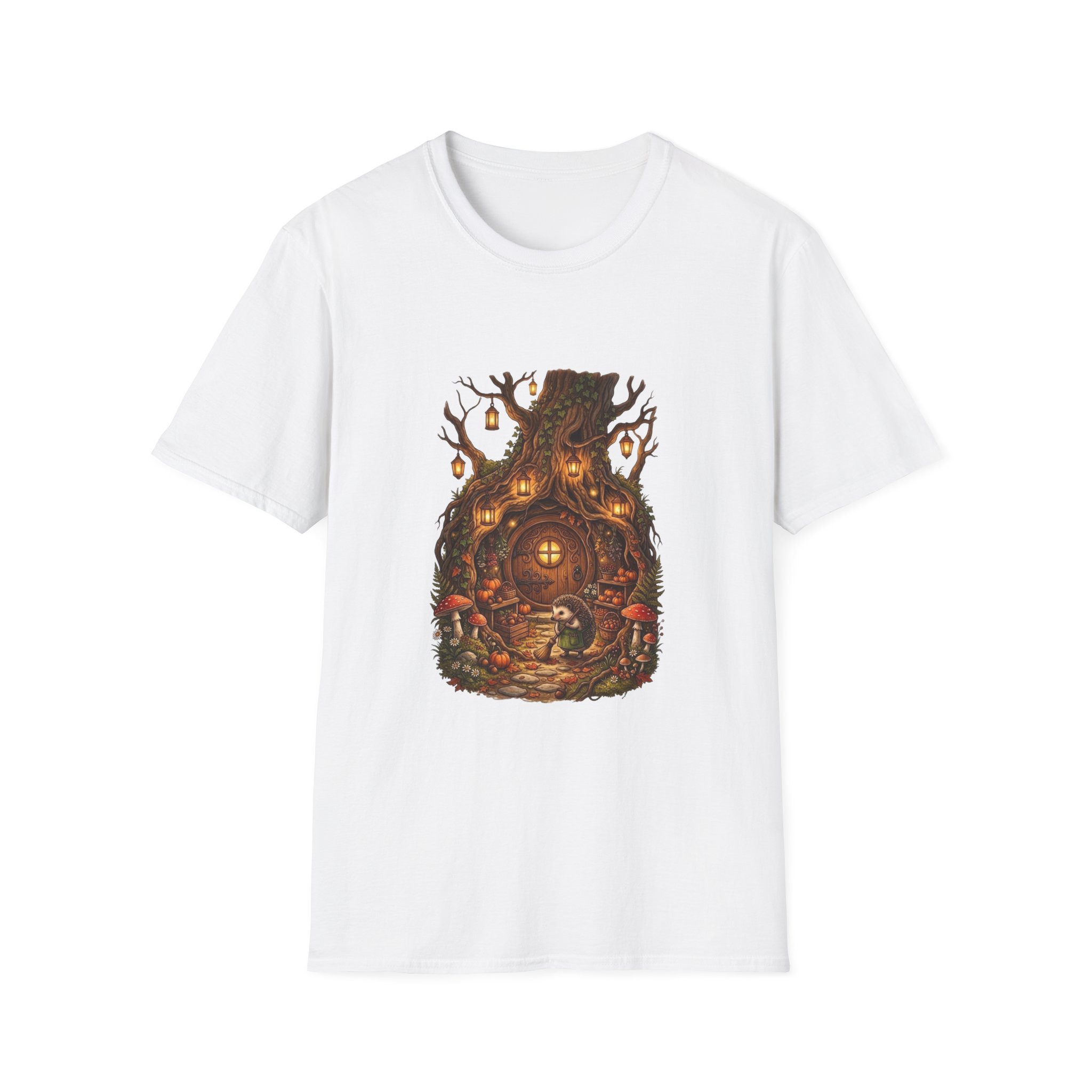 Woodland fantasy t‑shirt showing glowing treehouse illustration