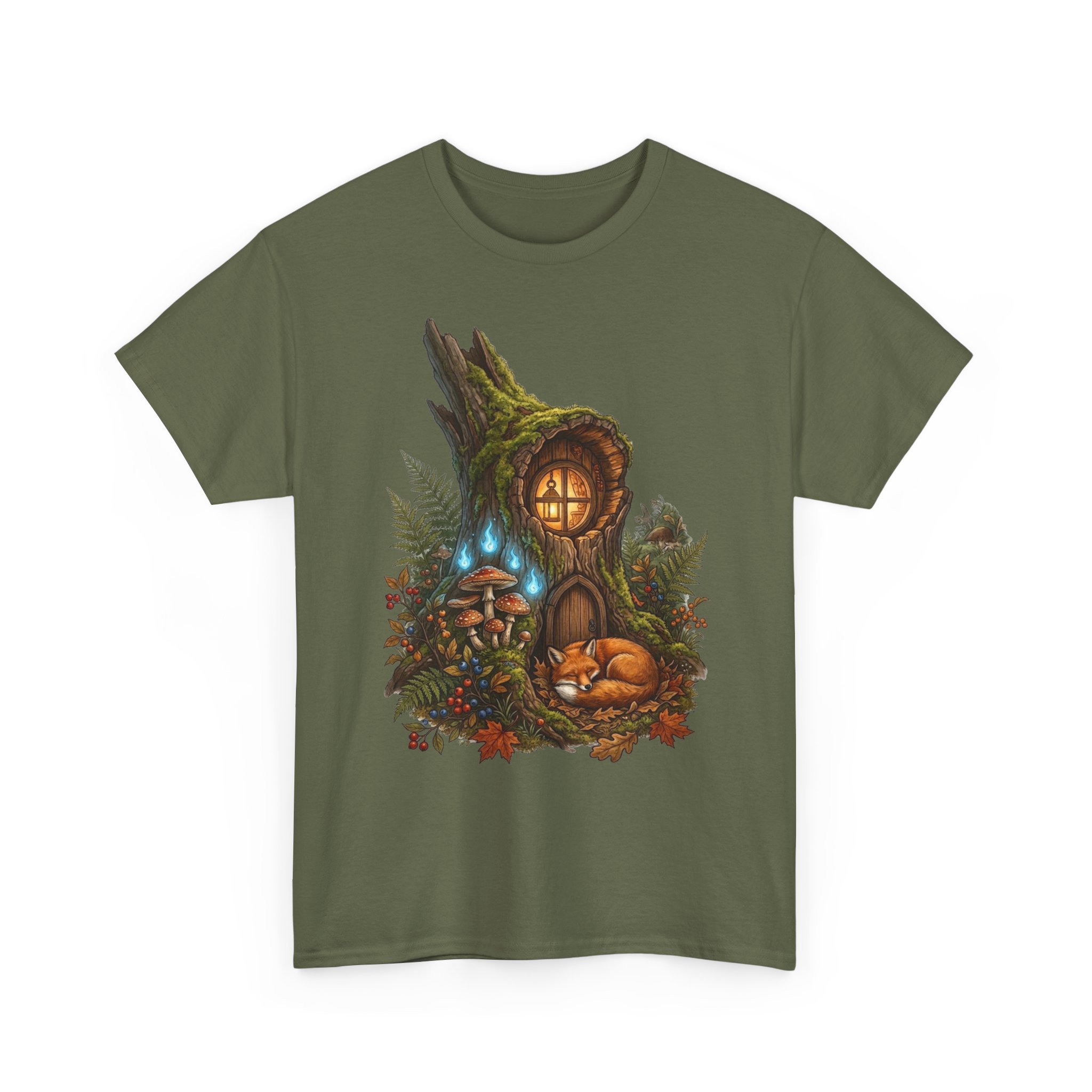 Woodland fairy home t‑shirt with cozy mushroom house illustration