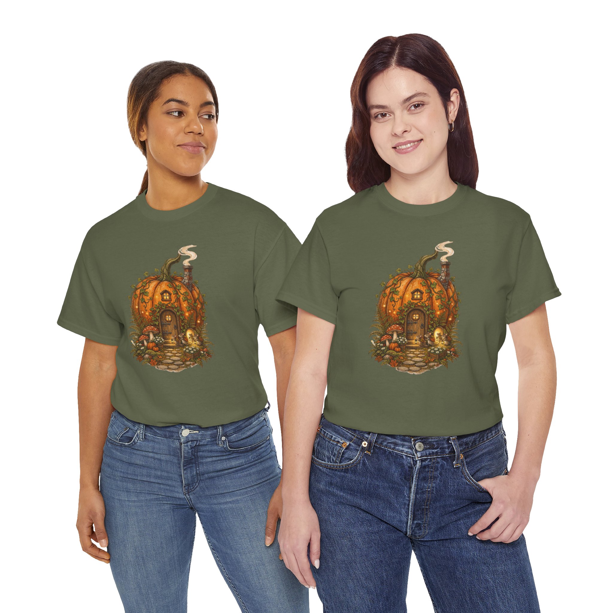 Full Pumpkin Cottage Halloween design printed on a soft cotton T‑shirt.