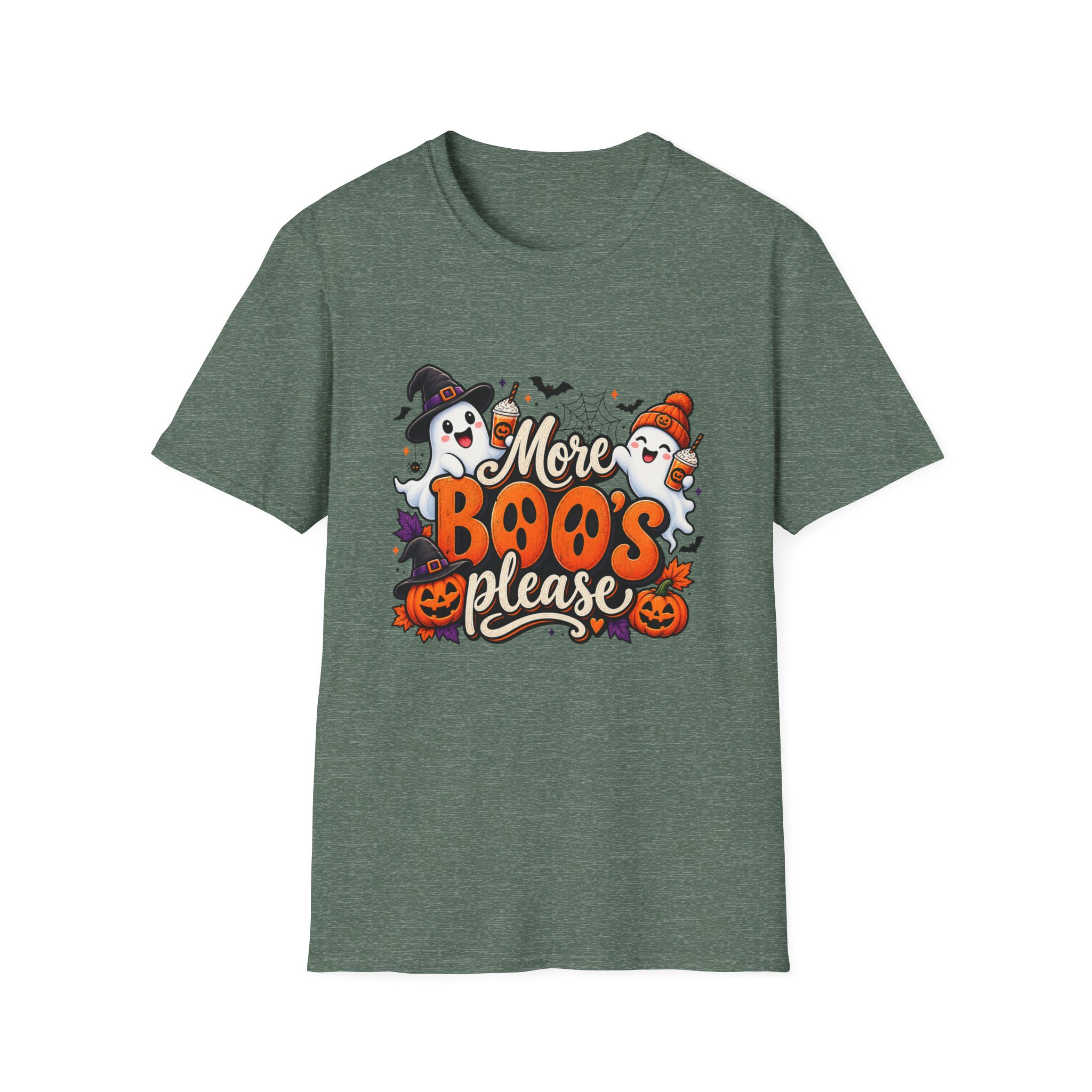 More Boos Please Halloween T Shirt print detail – ghosts and pumpkin graphic