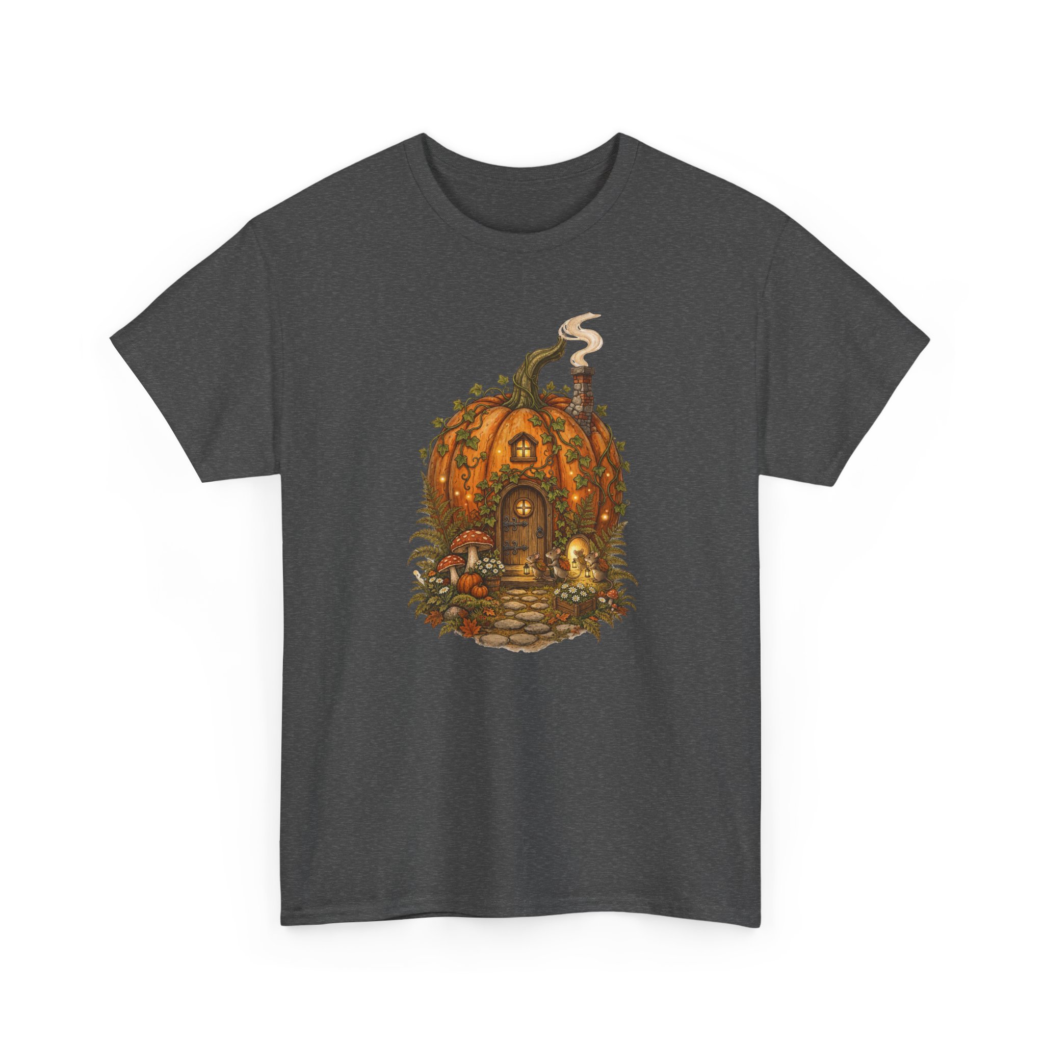 Full Pumpkin Cottage Halloween design printed on a soft cotton T‑shirt.