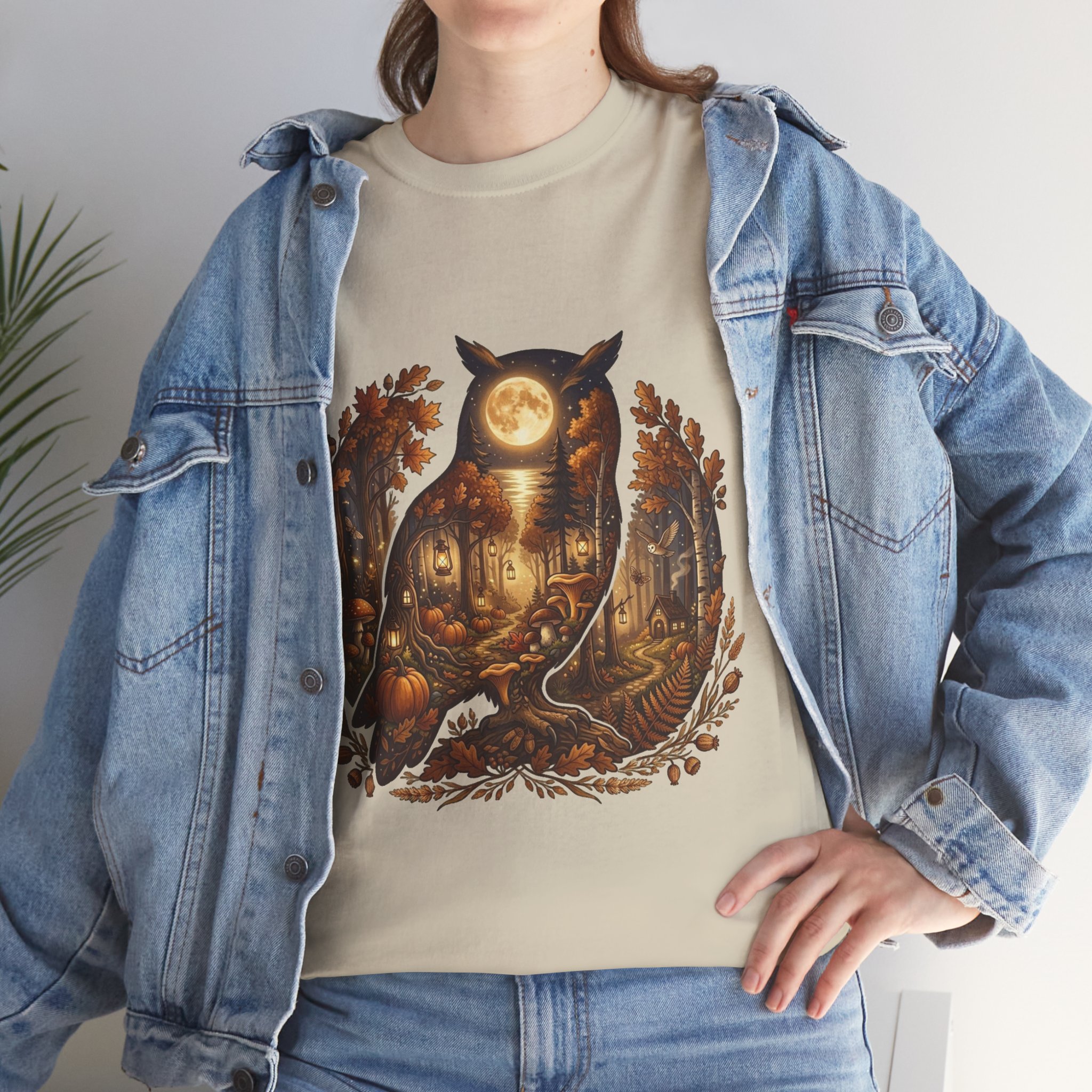 moonlit forest owl fall graphic tee