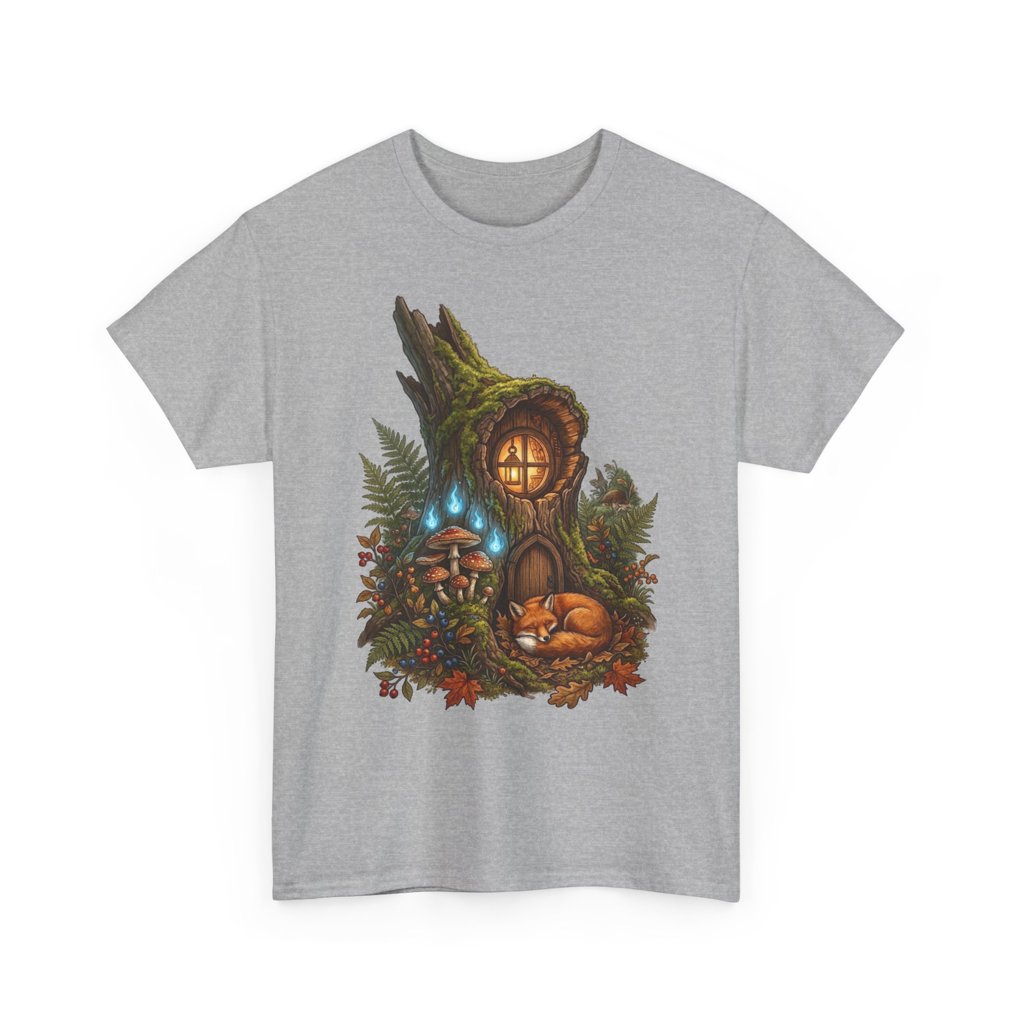 Woodland fairy home t‑shirt with cozy mushroom house illustration