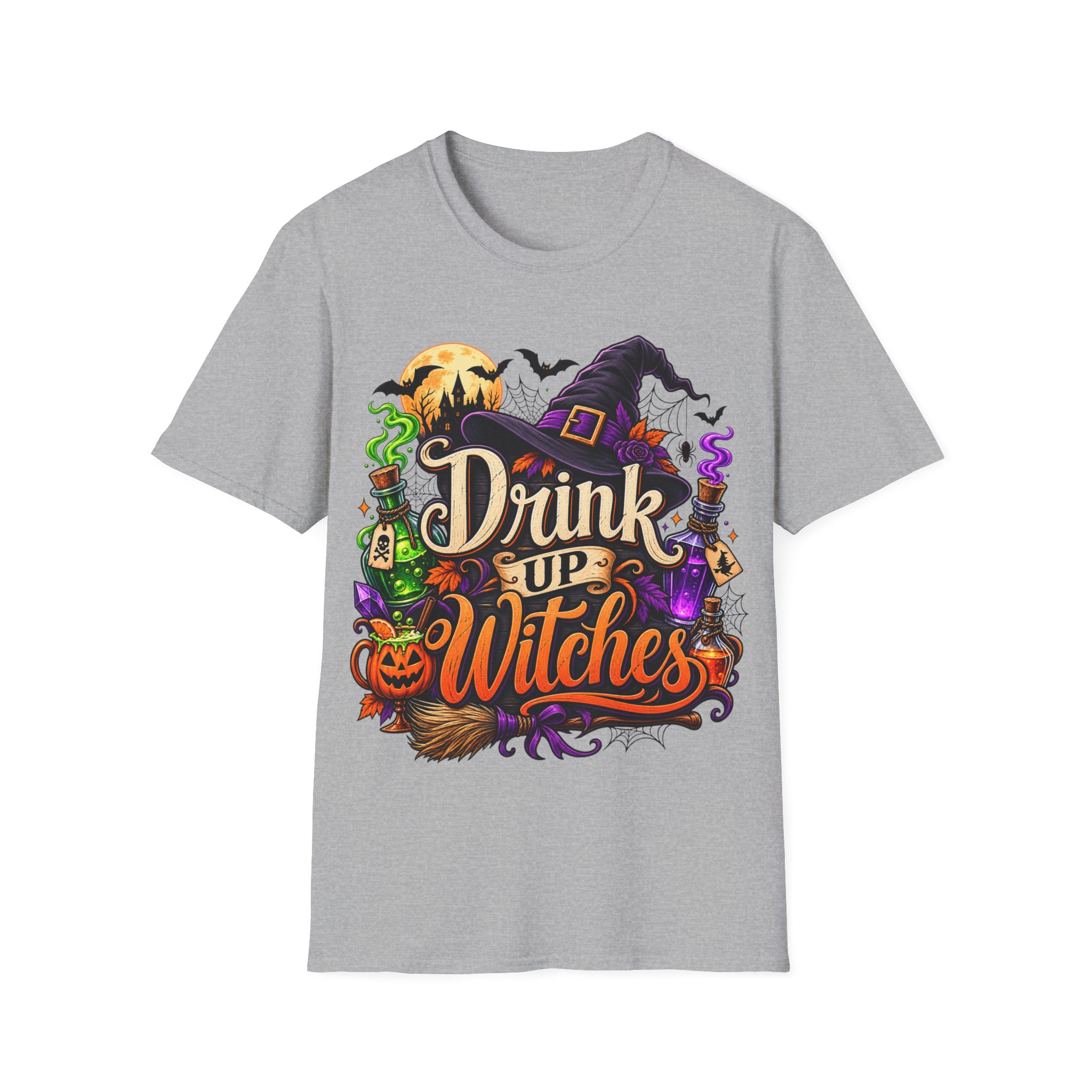 Close‑up of Drink Up Witches Halloween design with witch hat and cauldron