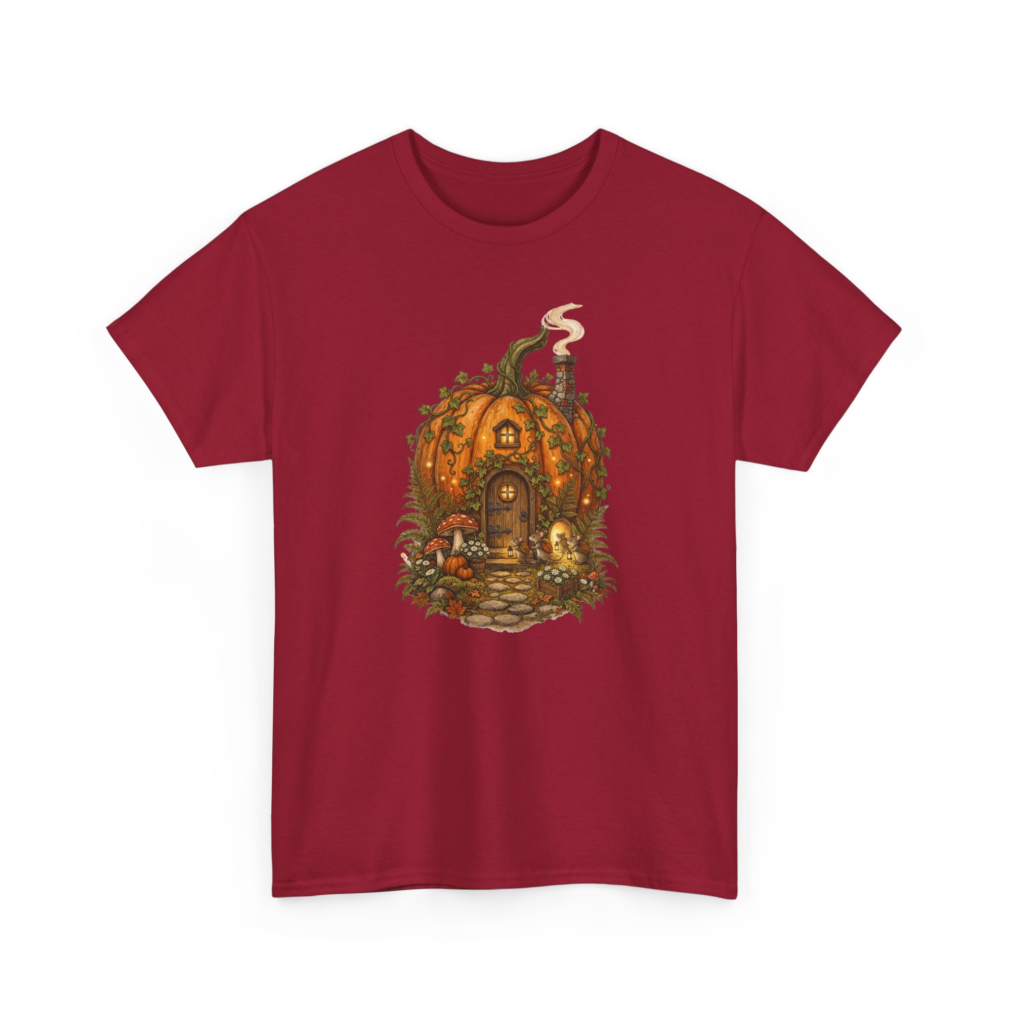 Full Pumpkin Cottage Halloween design printed on a soft cotton T‑shirt.