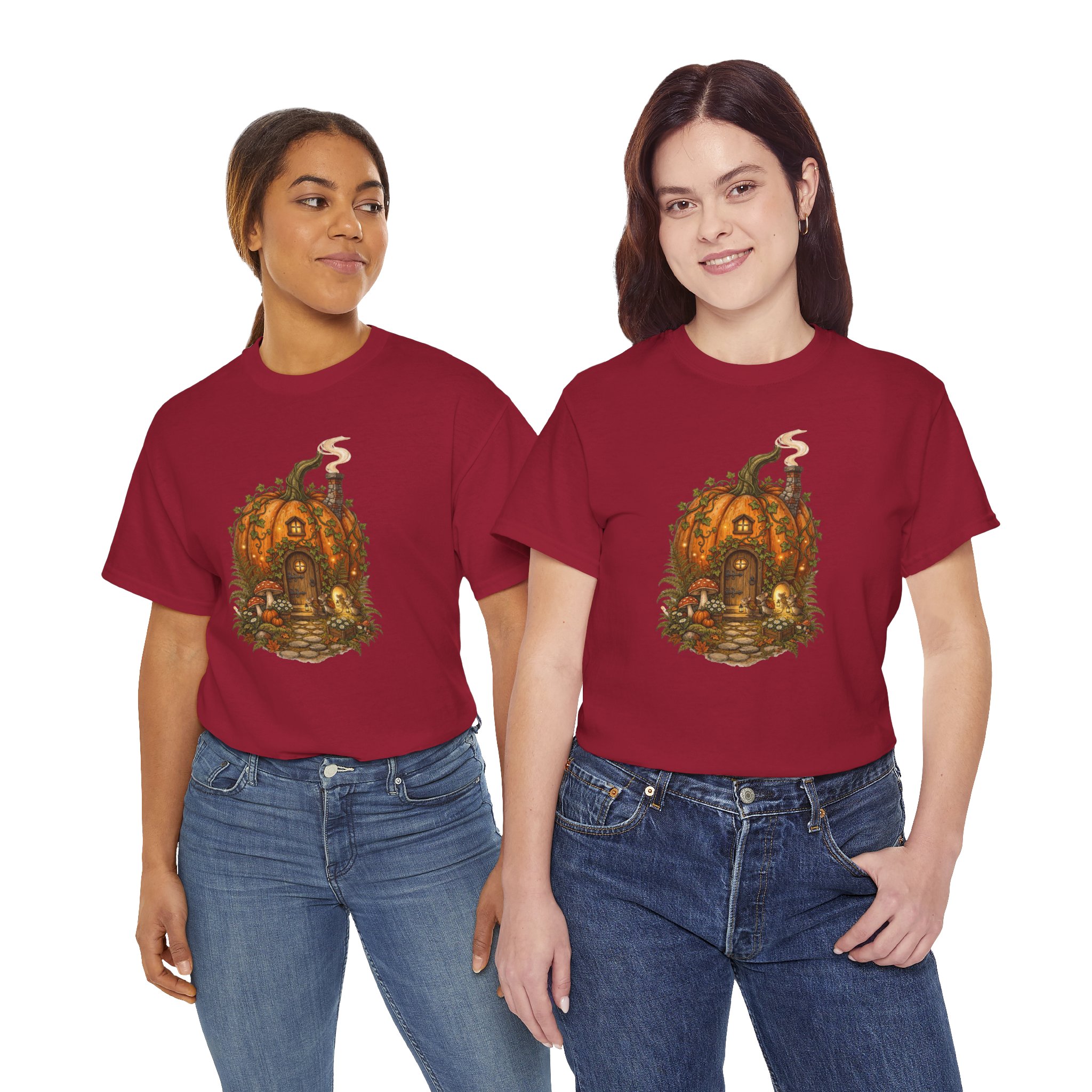 Full Pumpkin Cottage Halloween design printed on a soft cotton T‑shirt.