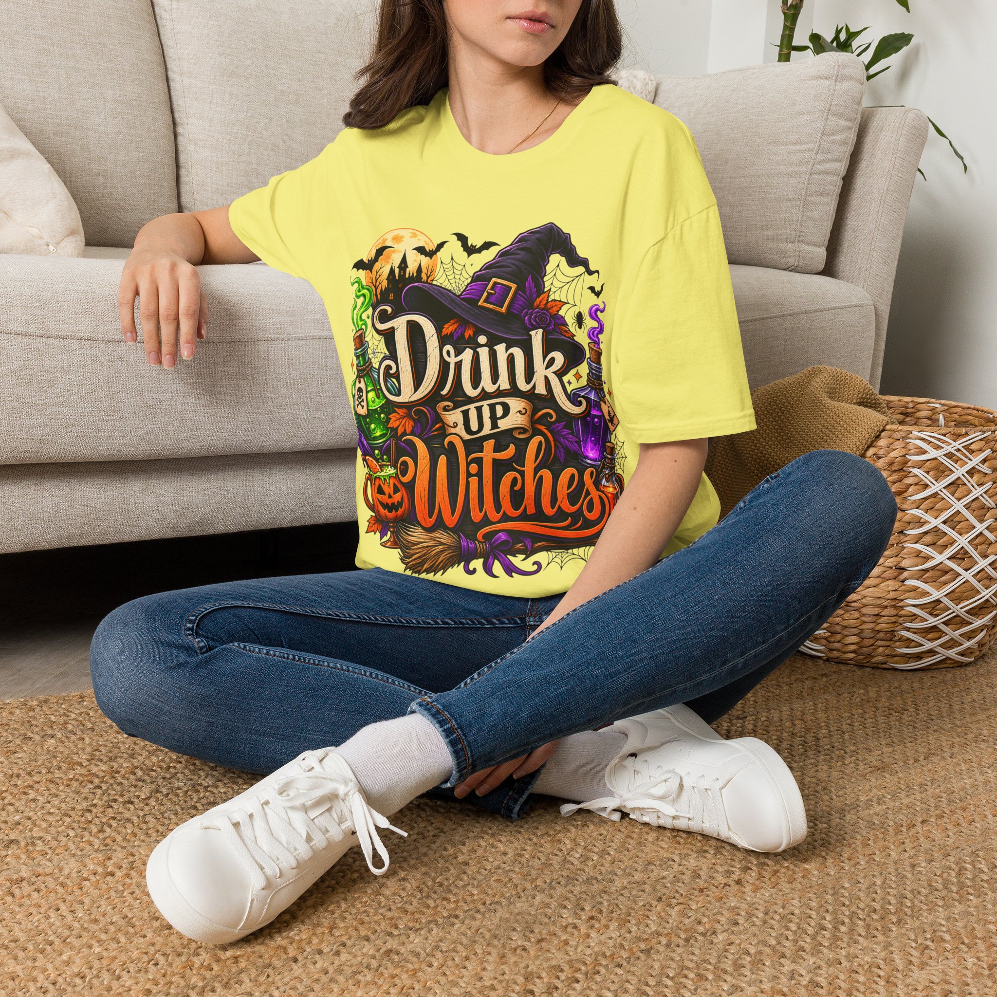 Drink Up Witches Halloween T‑Shirt worn as spooky autumn outfit