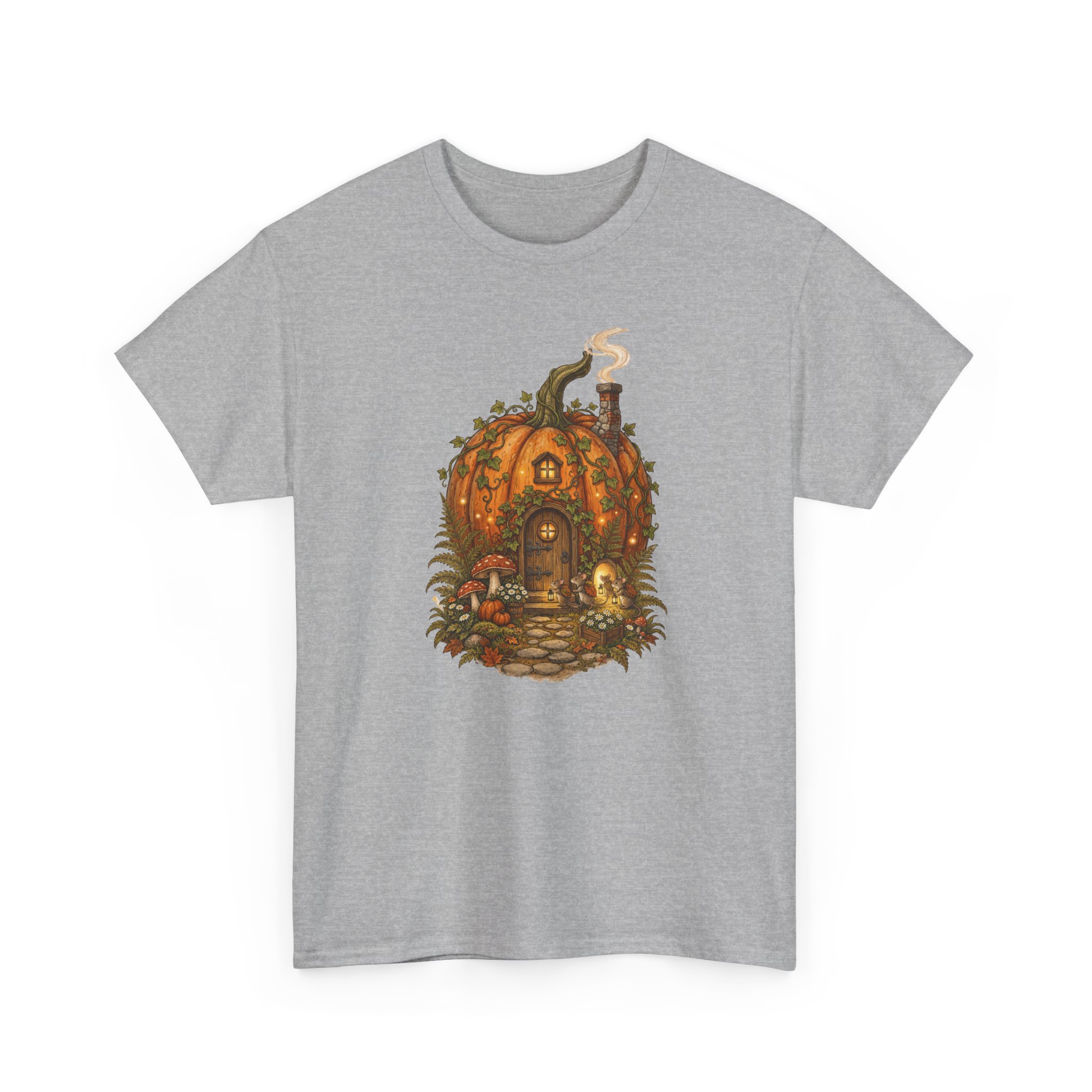 Full Pumpkin Cottage Halloween design printed on a soft cotton T‑shirt.