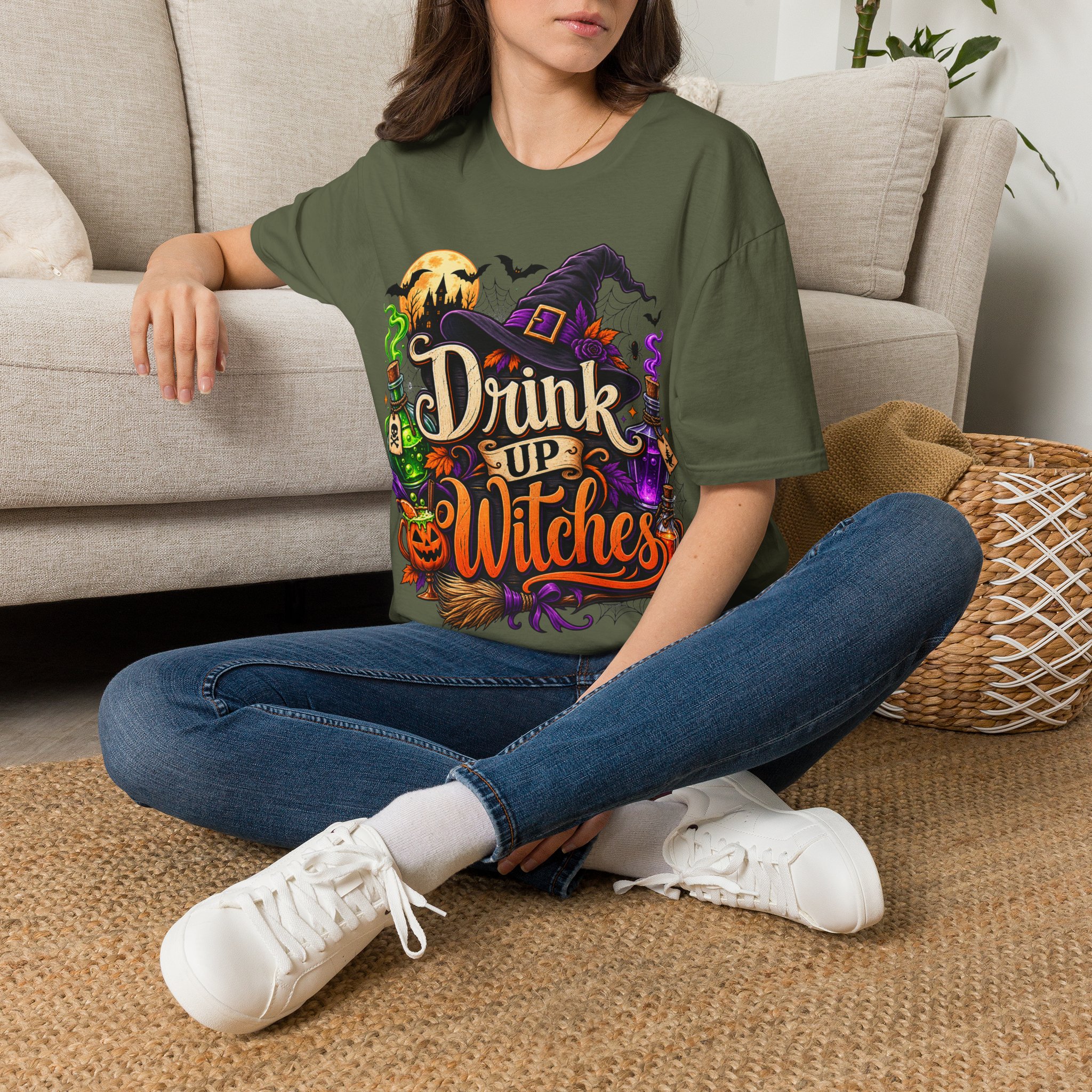 Drink Up Witches Halloween T‑Shirt worn as spooky autumn outfit