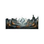 Haunted graveyard sticker with pumpkin, ghostly mist and spooky Halloween scene