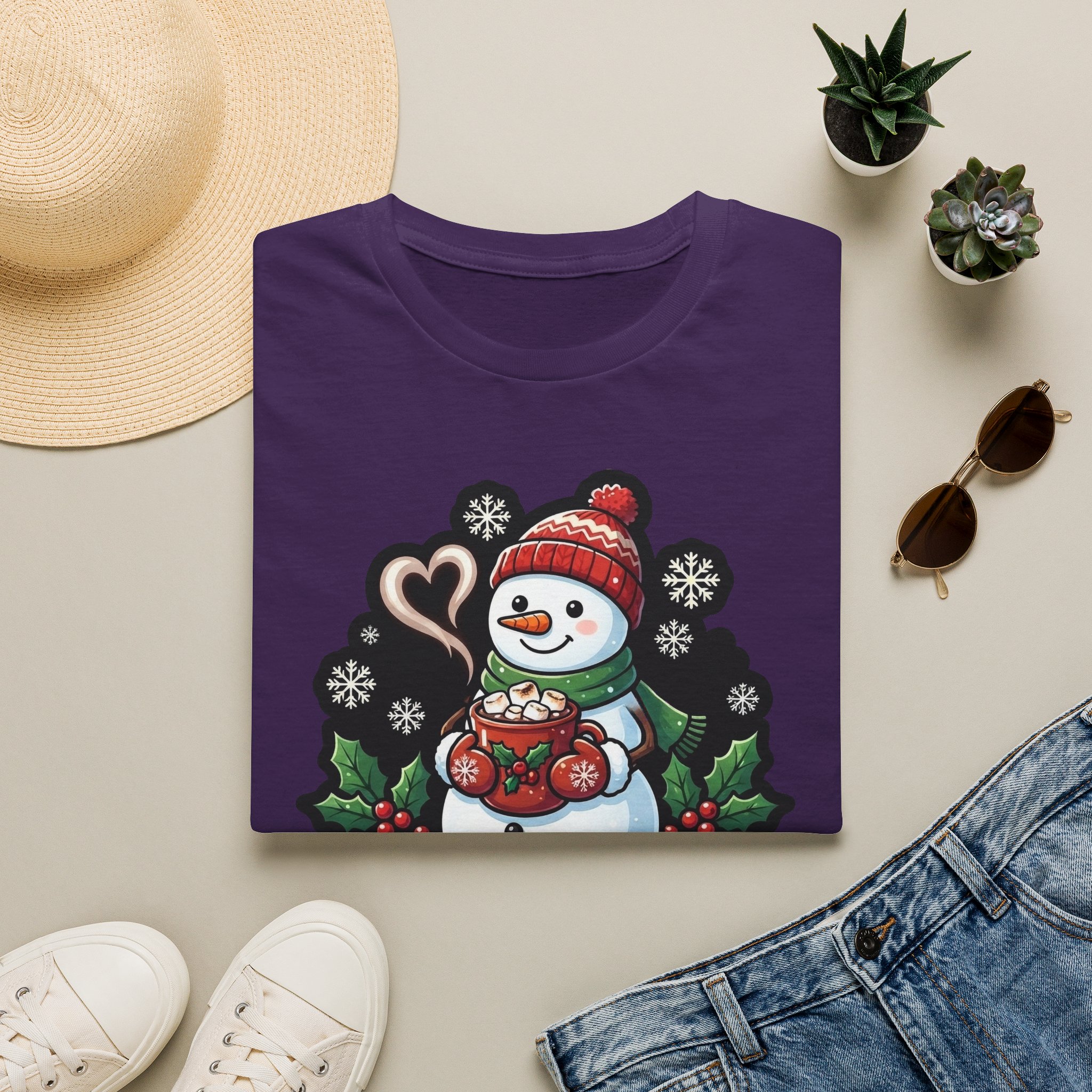 Flat lay of Christmas Snowman T‑shirt showing the holiday snowman print