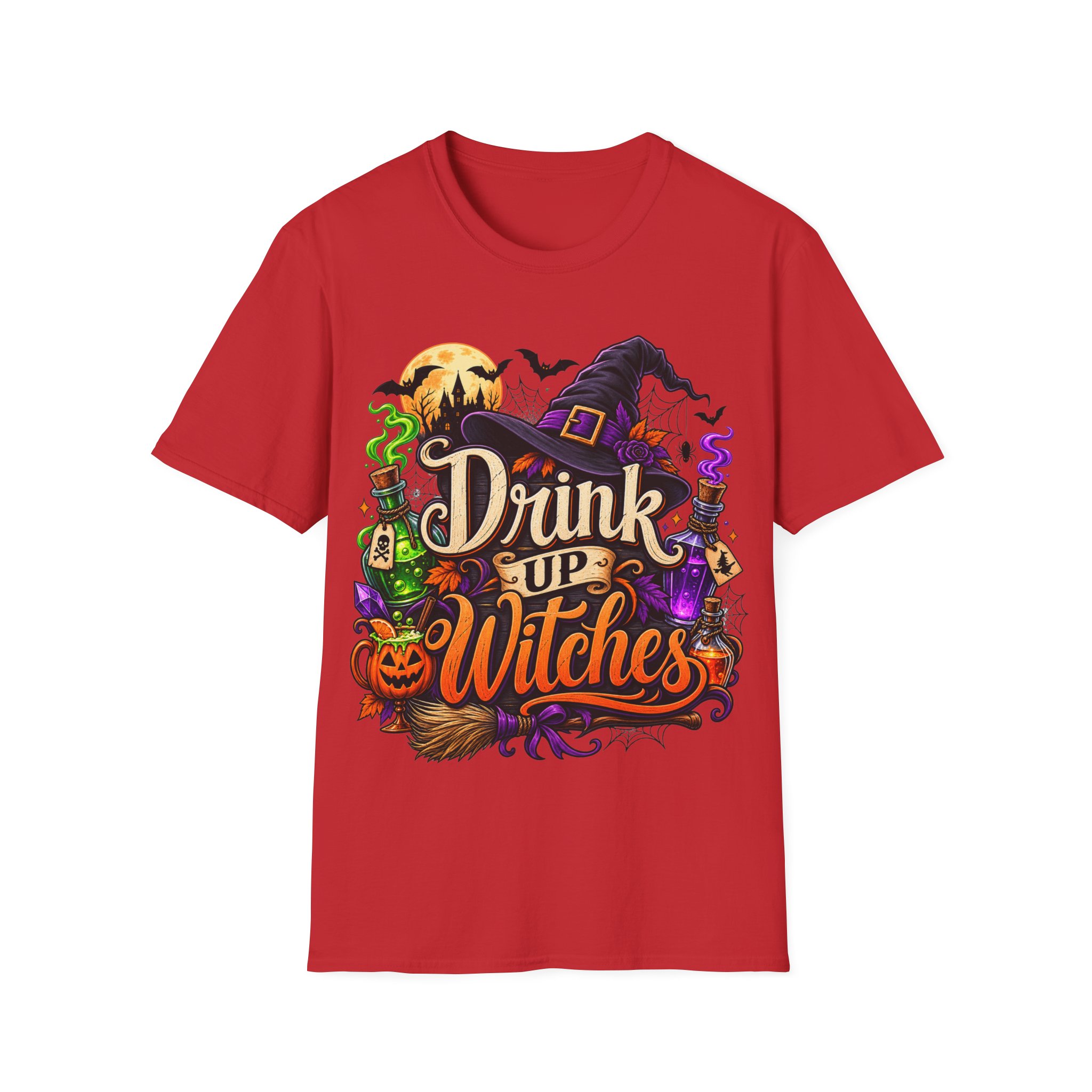 Close‑up of Drink Up Witches Halloween design with witch hat and cauldron
