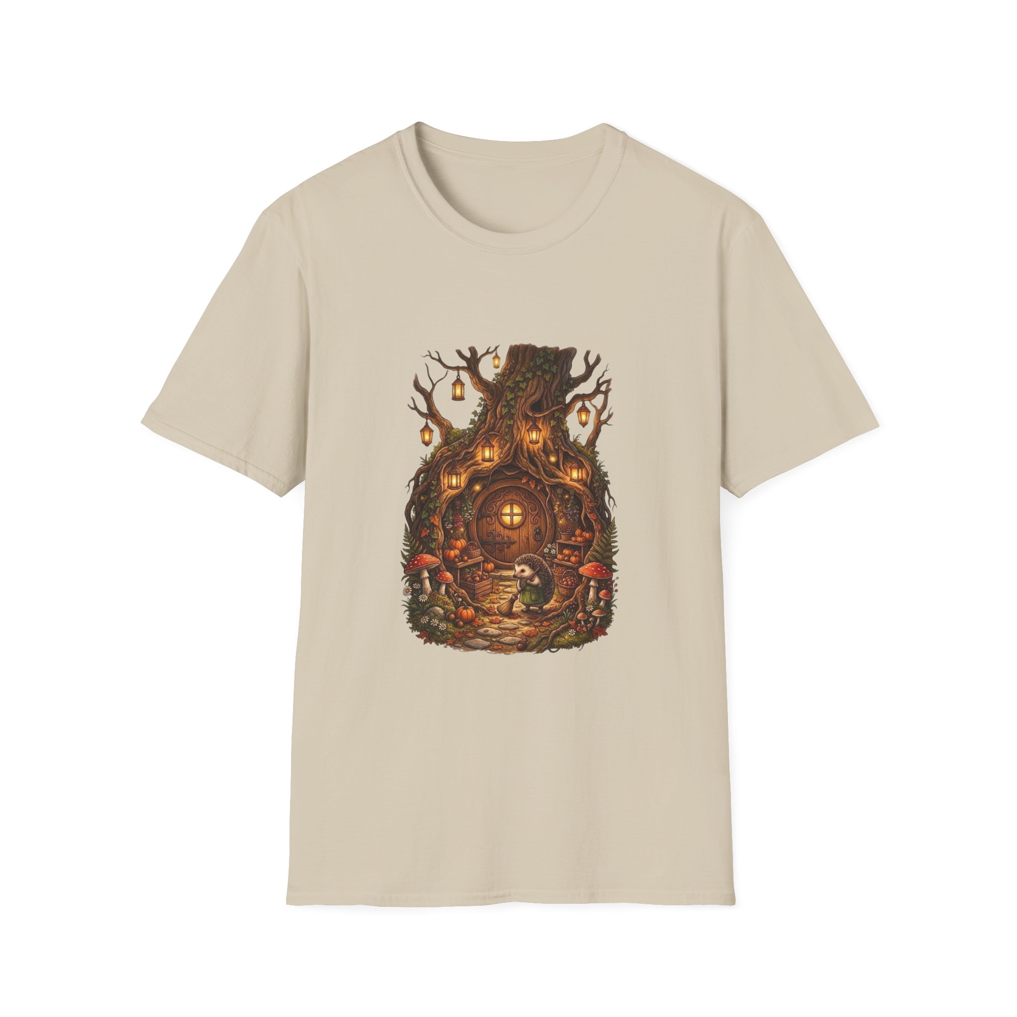 Woodland fantasy t‑shirt showing glowing treehouse illustration