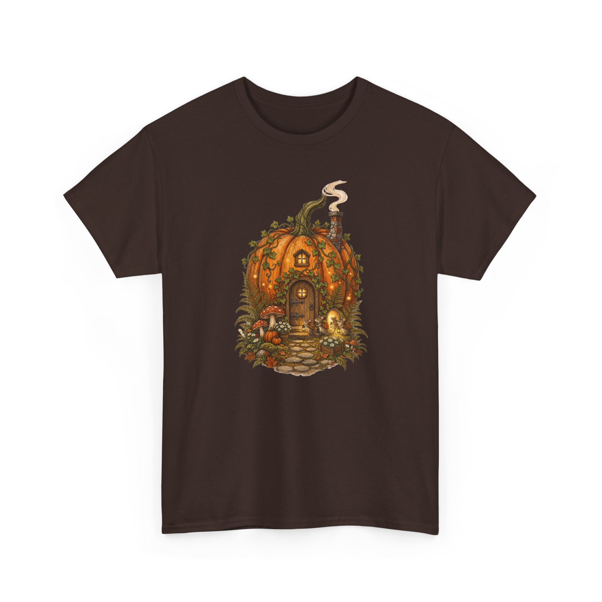 Full Pumpkin Cottage Halloween design printed on a soft cotton T‑shirt.
