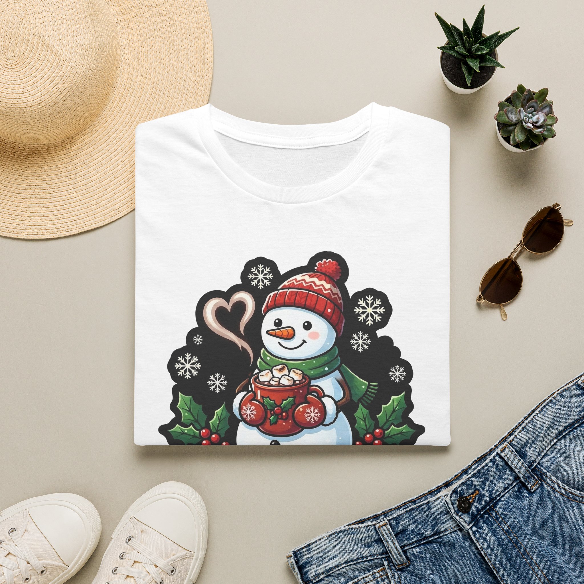 Flat lay of Christmas Snowman T‑shirt showing the holiday snowman print