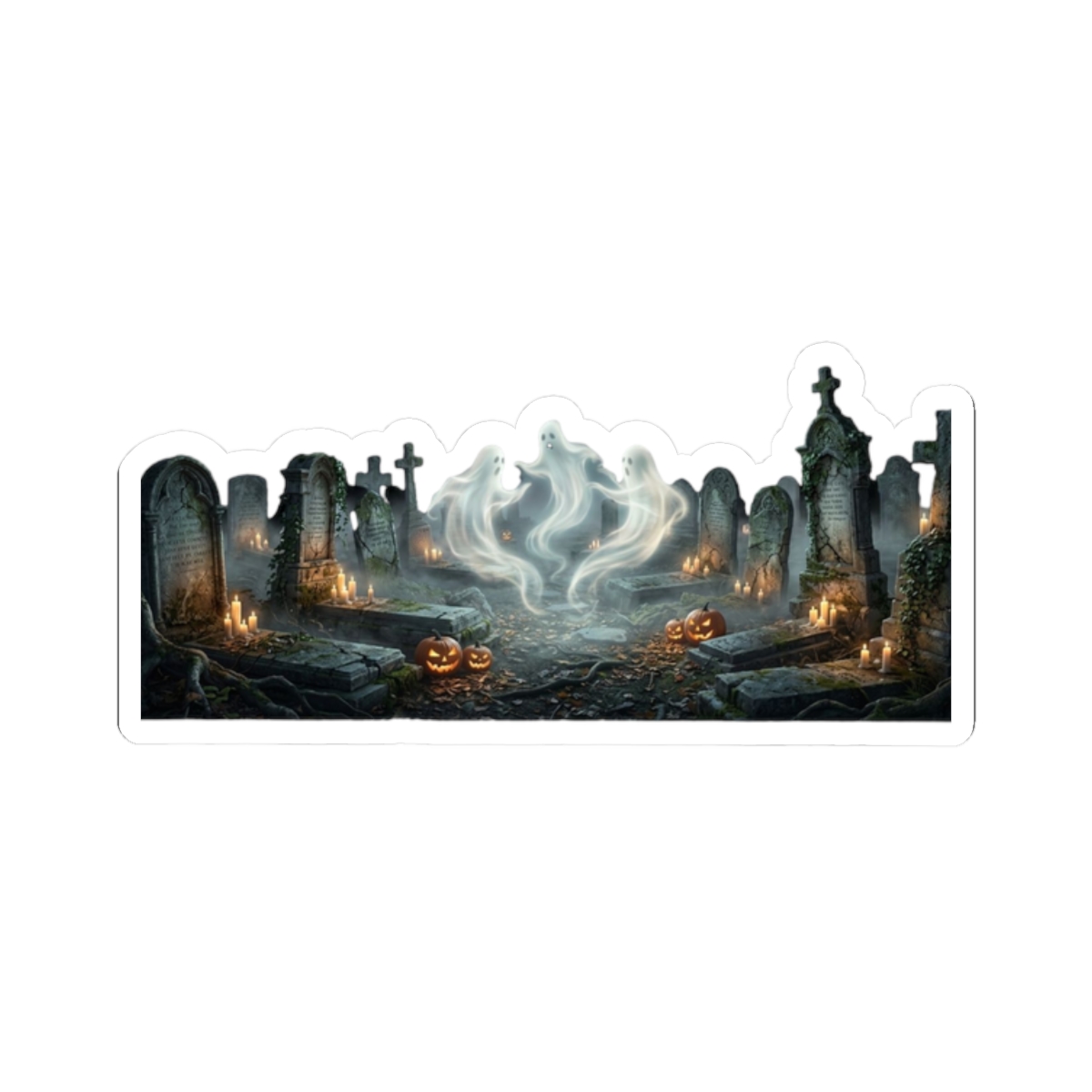 Kiss‑cut haunted graveyard sticker featuring glowing pumpkin, drifting ghost mist and eerie tombstones
