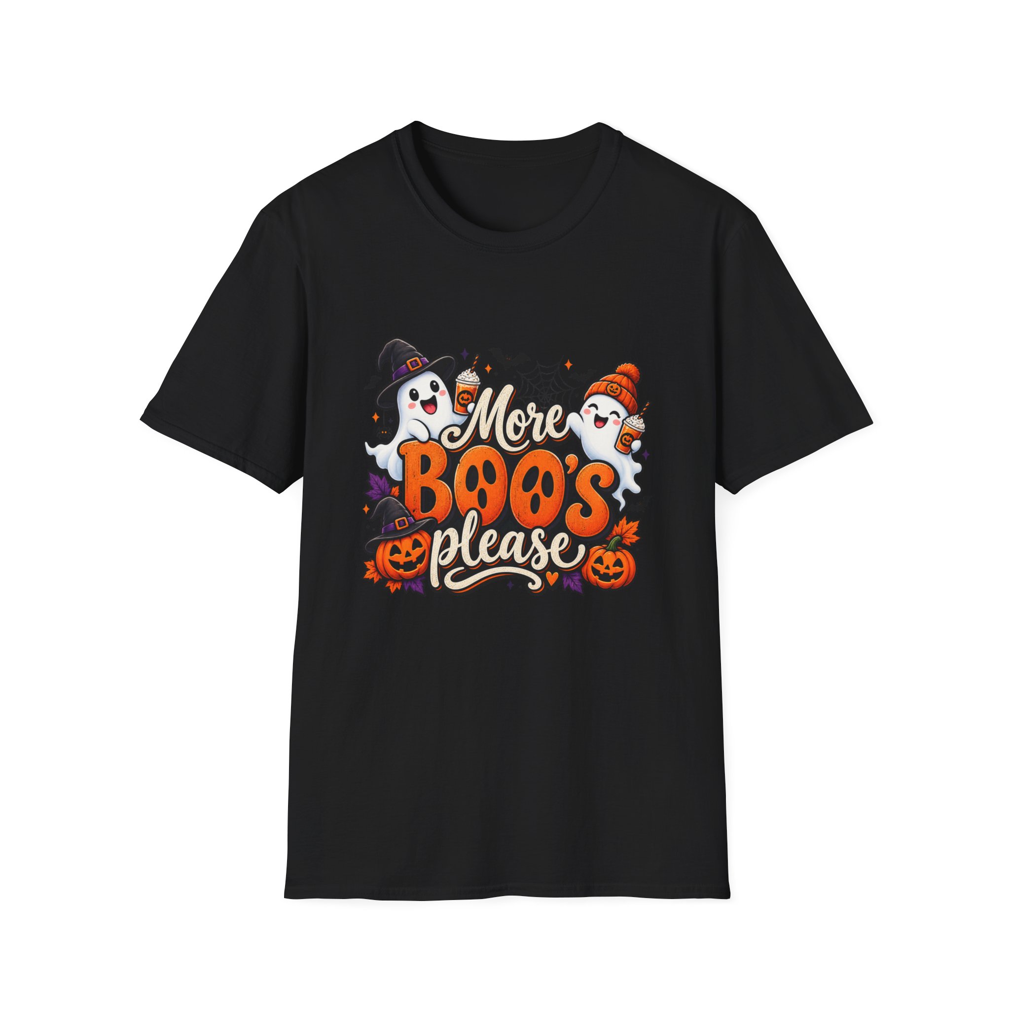 More Boos Please Halloween T Shirt print detail – ghosts and pumpkin graphic