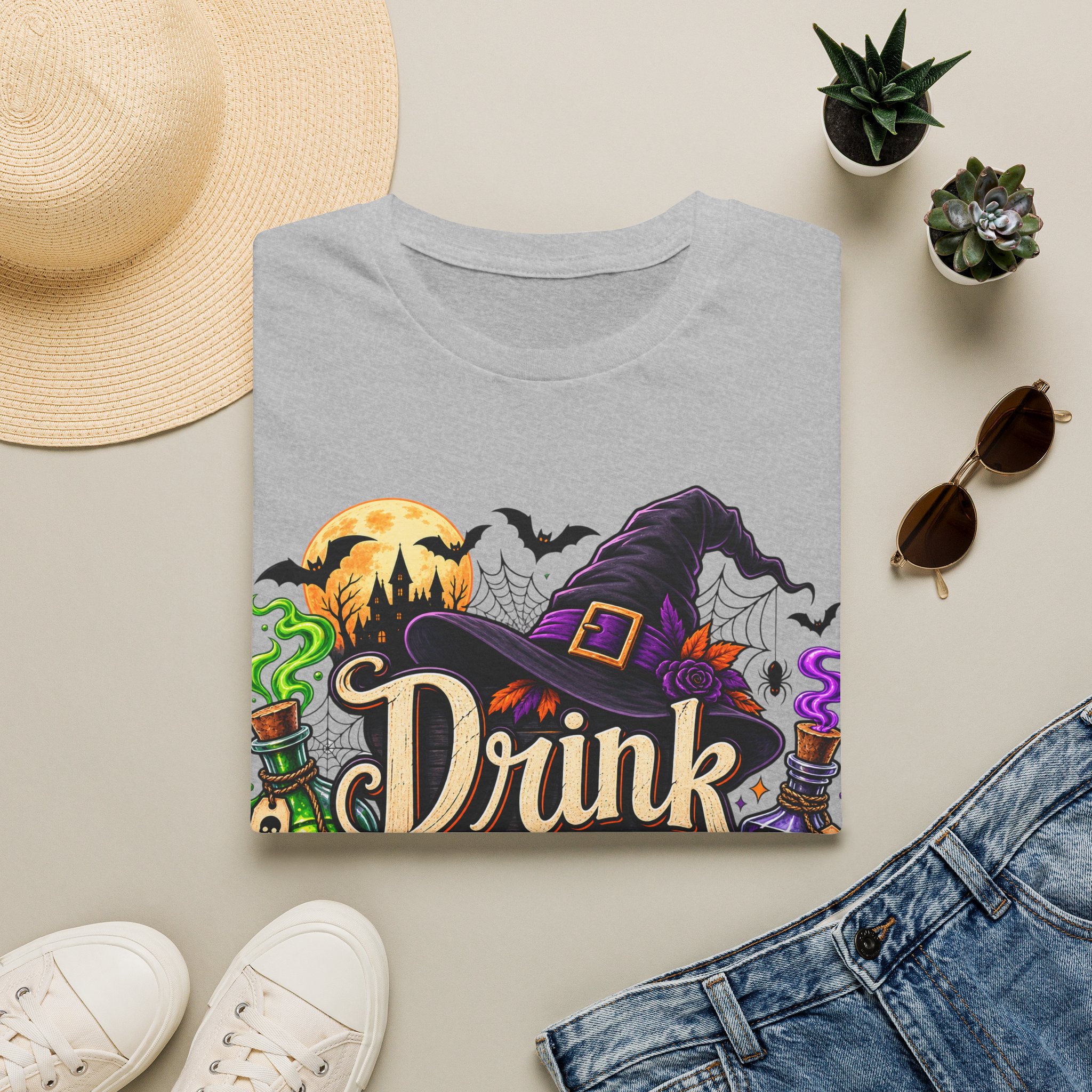 Close‑up of Drink Up Witches Halloween design with witch hat and cauldron