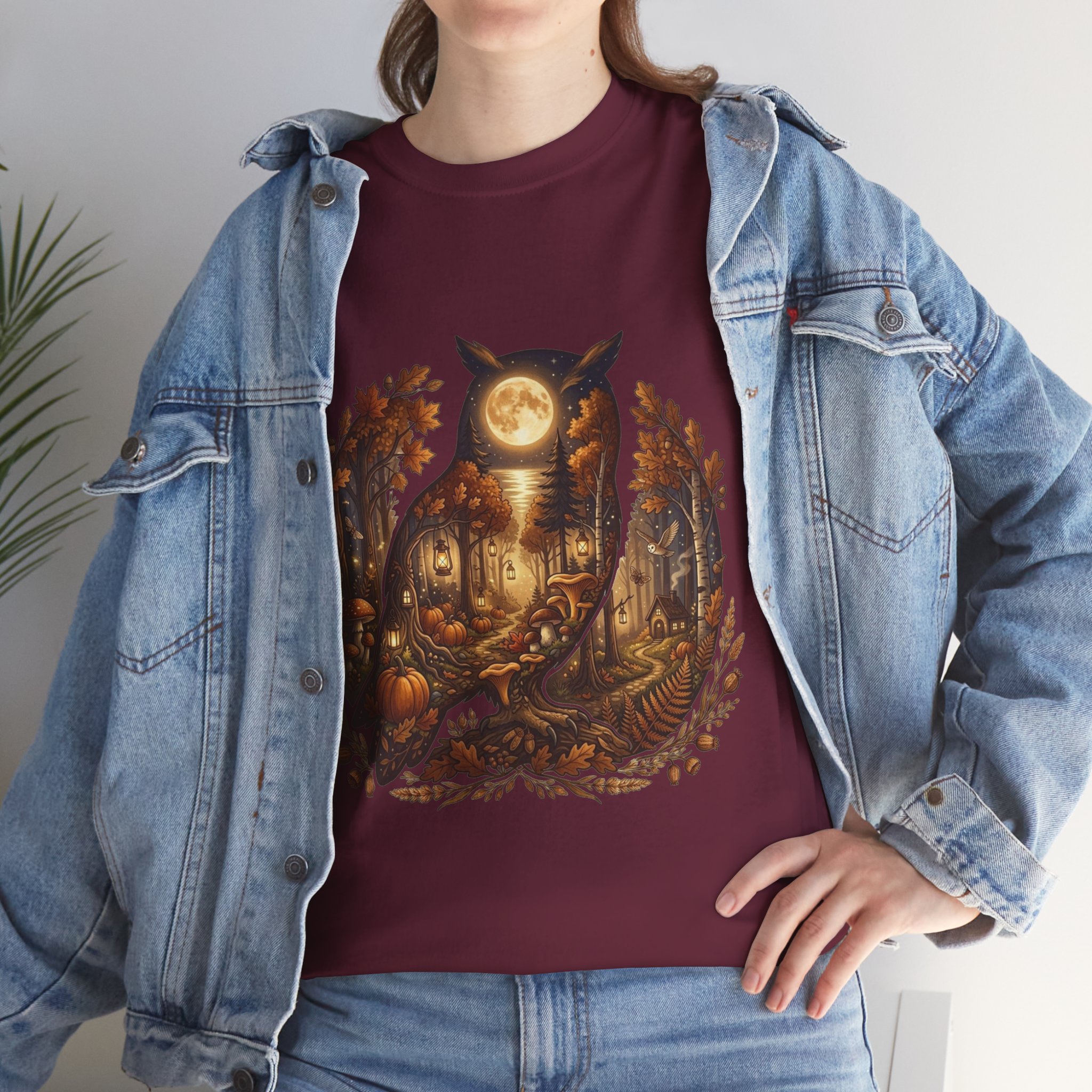 moonlit forest owl fall graphic tee