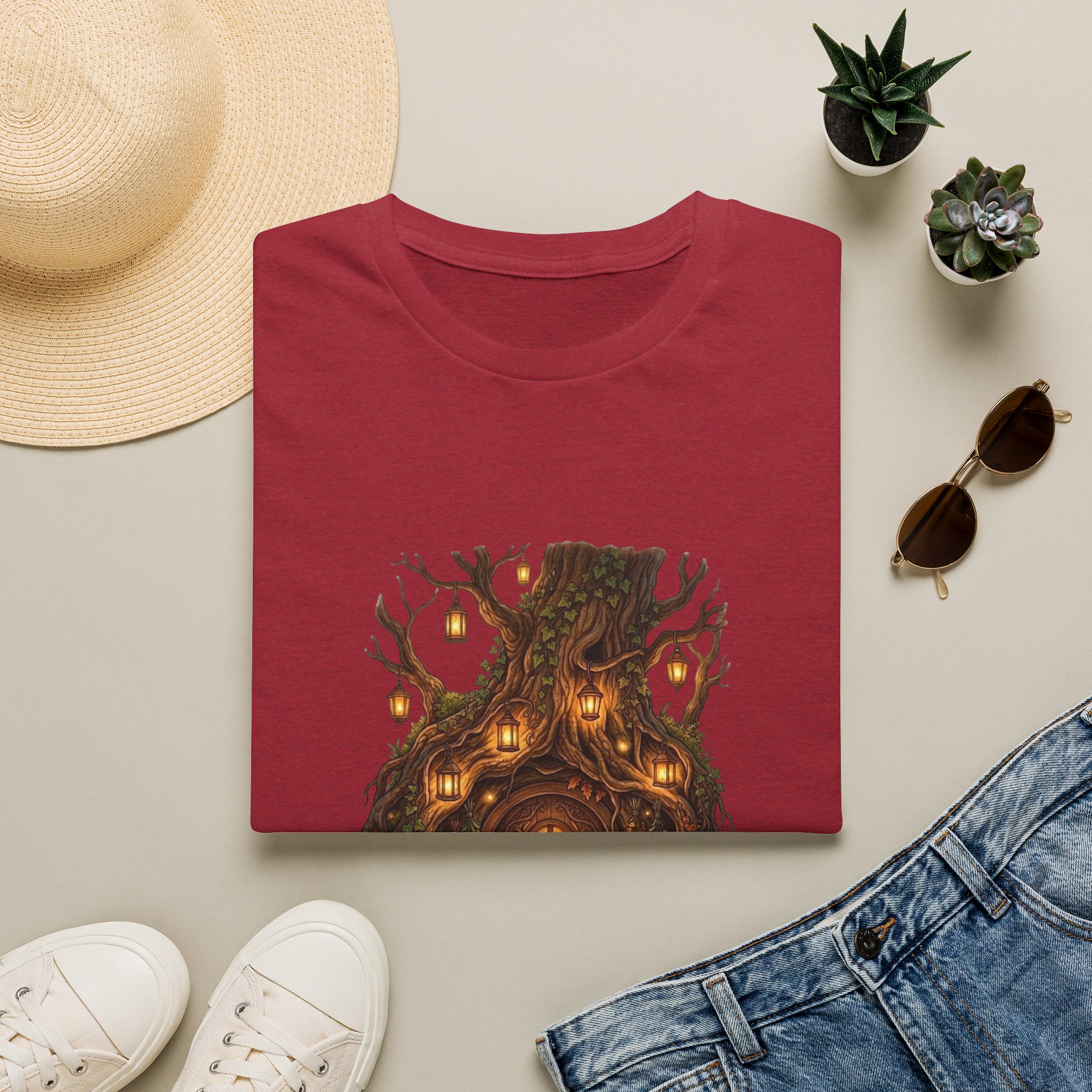 Woodland fantasy t‑shirt showing glowing treehouse illustration