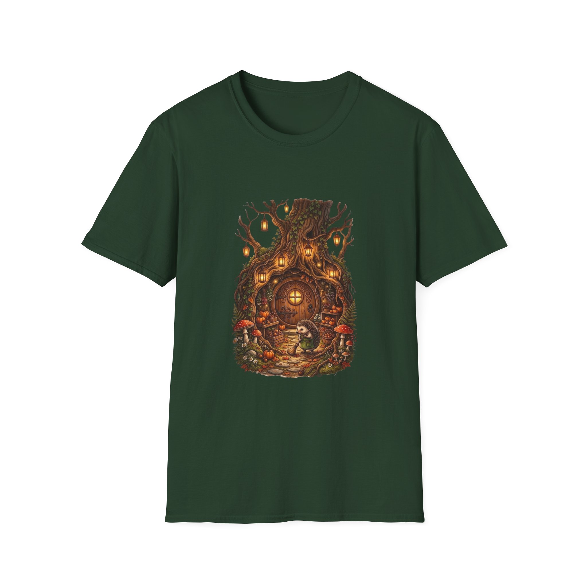 Woodland fantasy t‑shirt showing glowing treehouse illustration