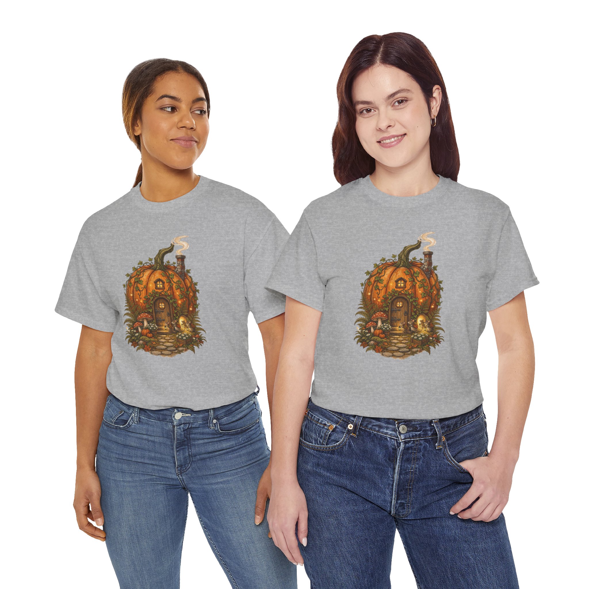 Full Pumpkin Cottage Halloween design printed on a soft cotton T‑shirt.