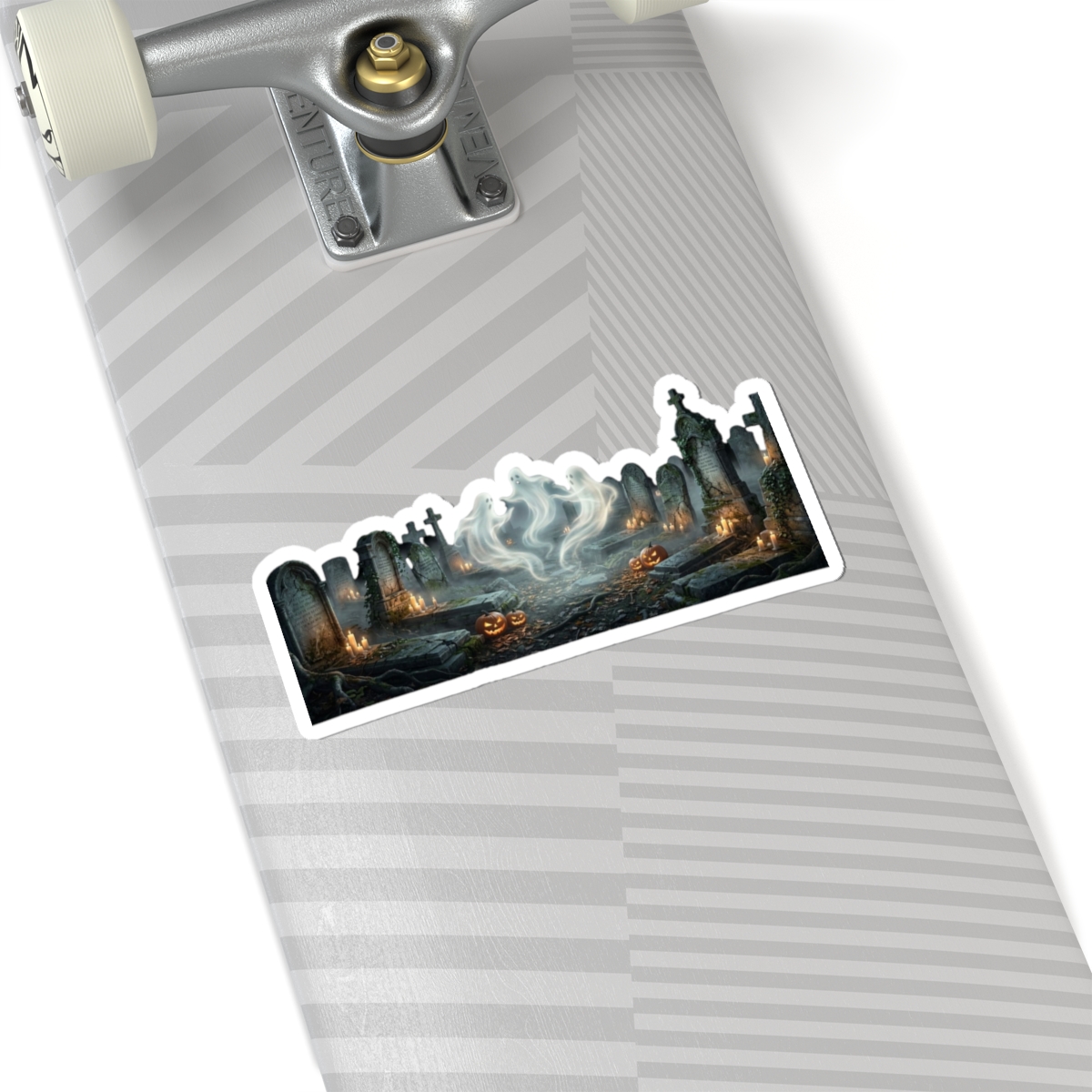 Kiss‑cut haunted graveyard sticker featuring glowing pumpkin, drifting ghost mist and eerie tombstones