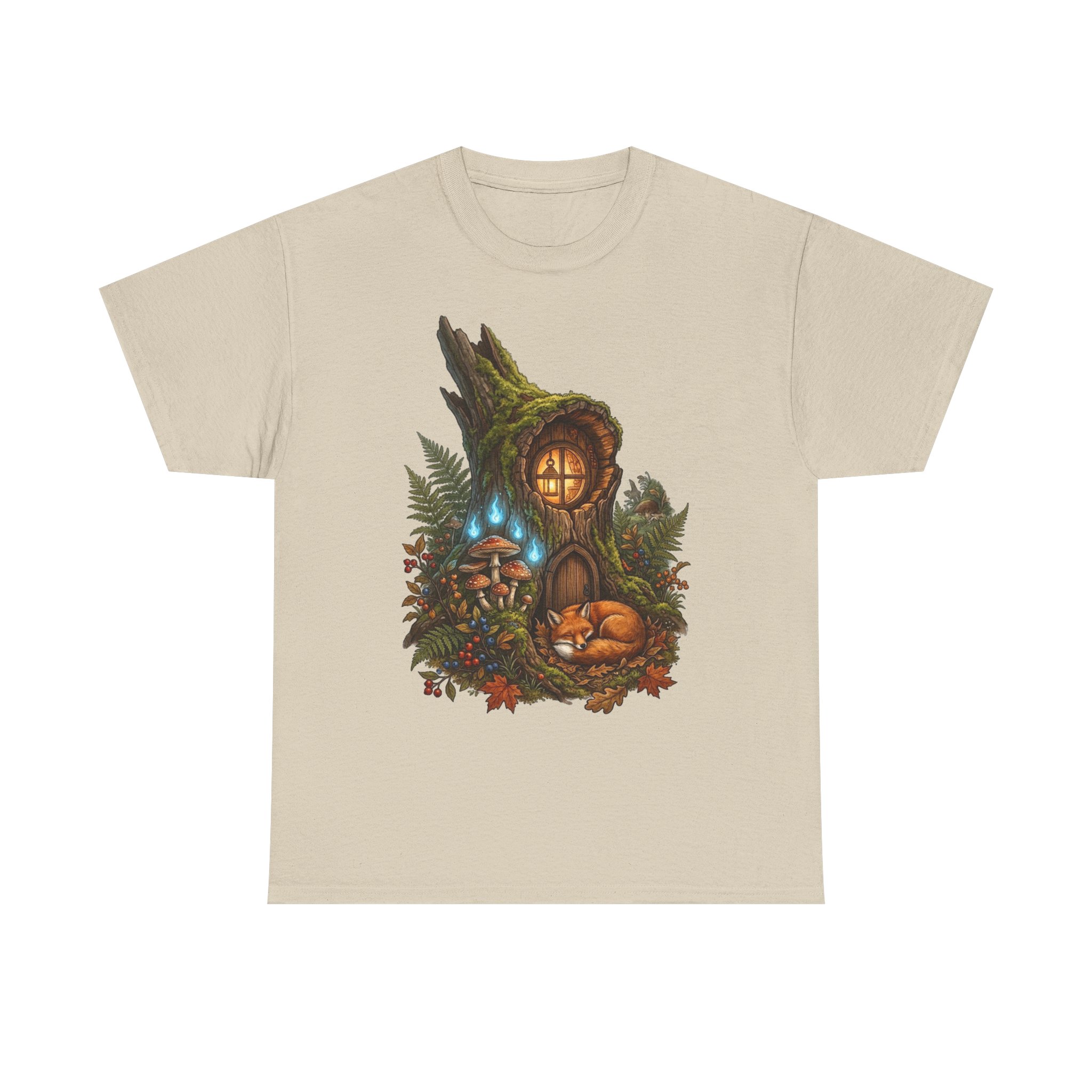 Woodland fairy home t‑shirt with cozy mushroom house illustration