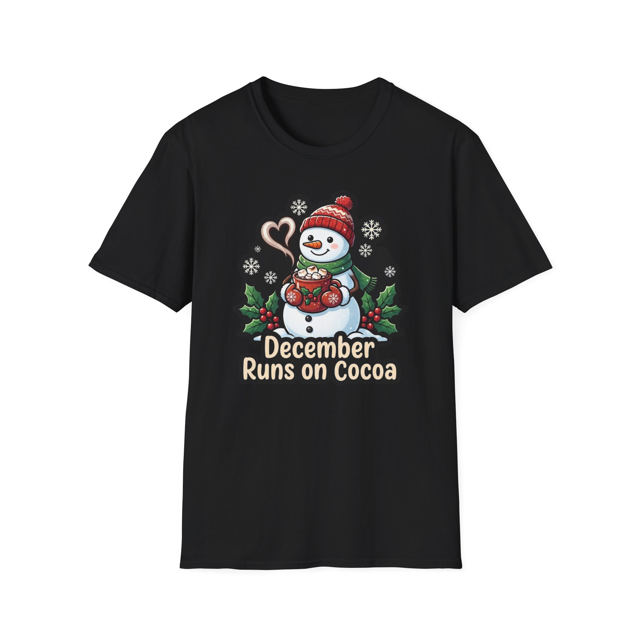 Front view of Christmas Snowman T‑shirt featuring the “December Runs on Cocoa” design