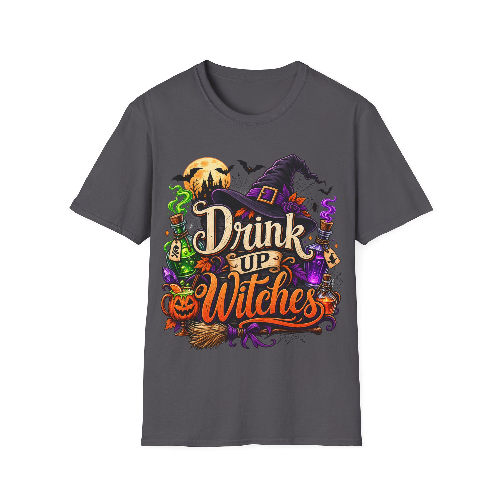 Close‑up of Drink Up Witches Halloween design with witch hat and cauldron