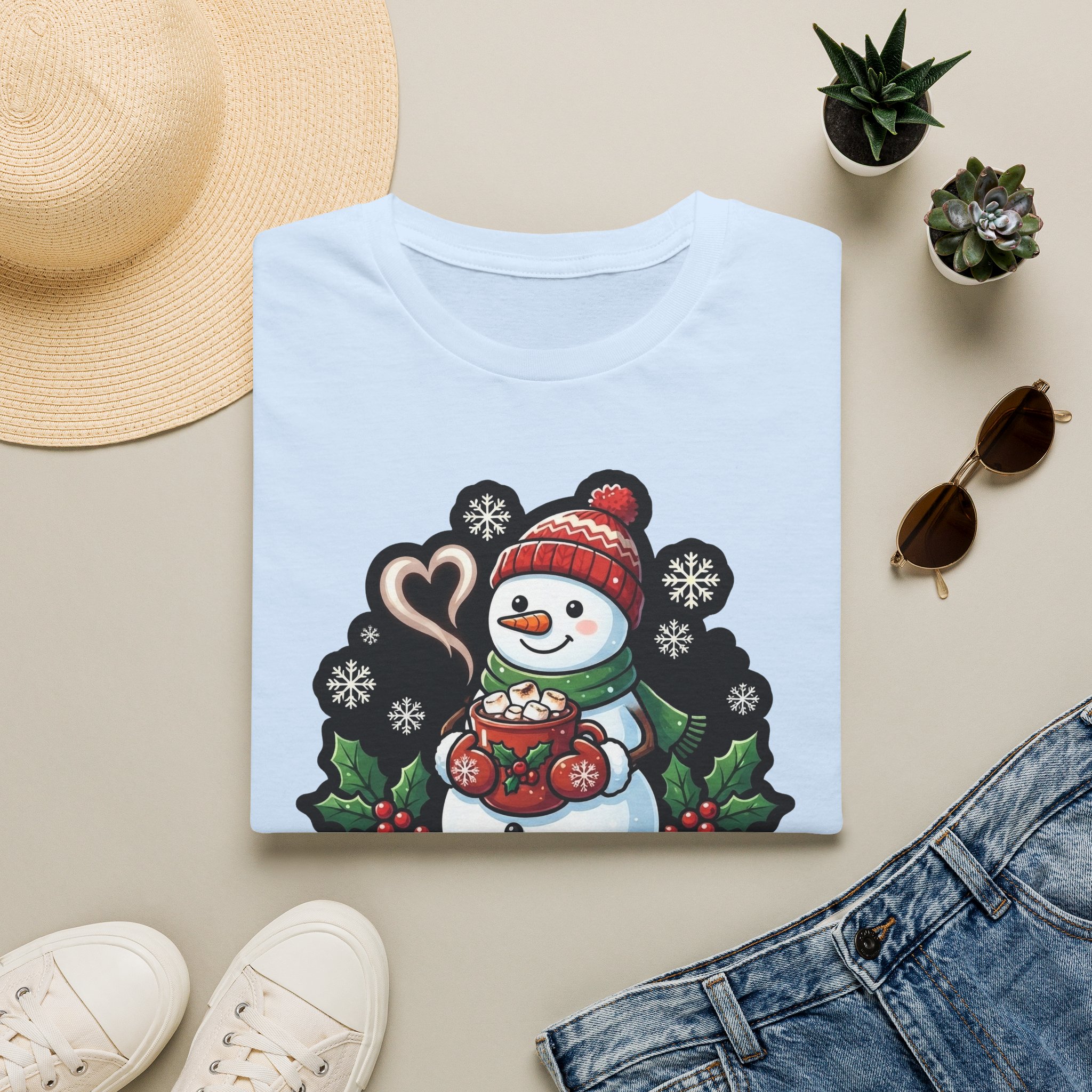 Flat lay of Christmas Snowman T‑shirt showing the holiday snowman print