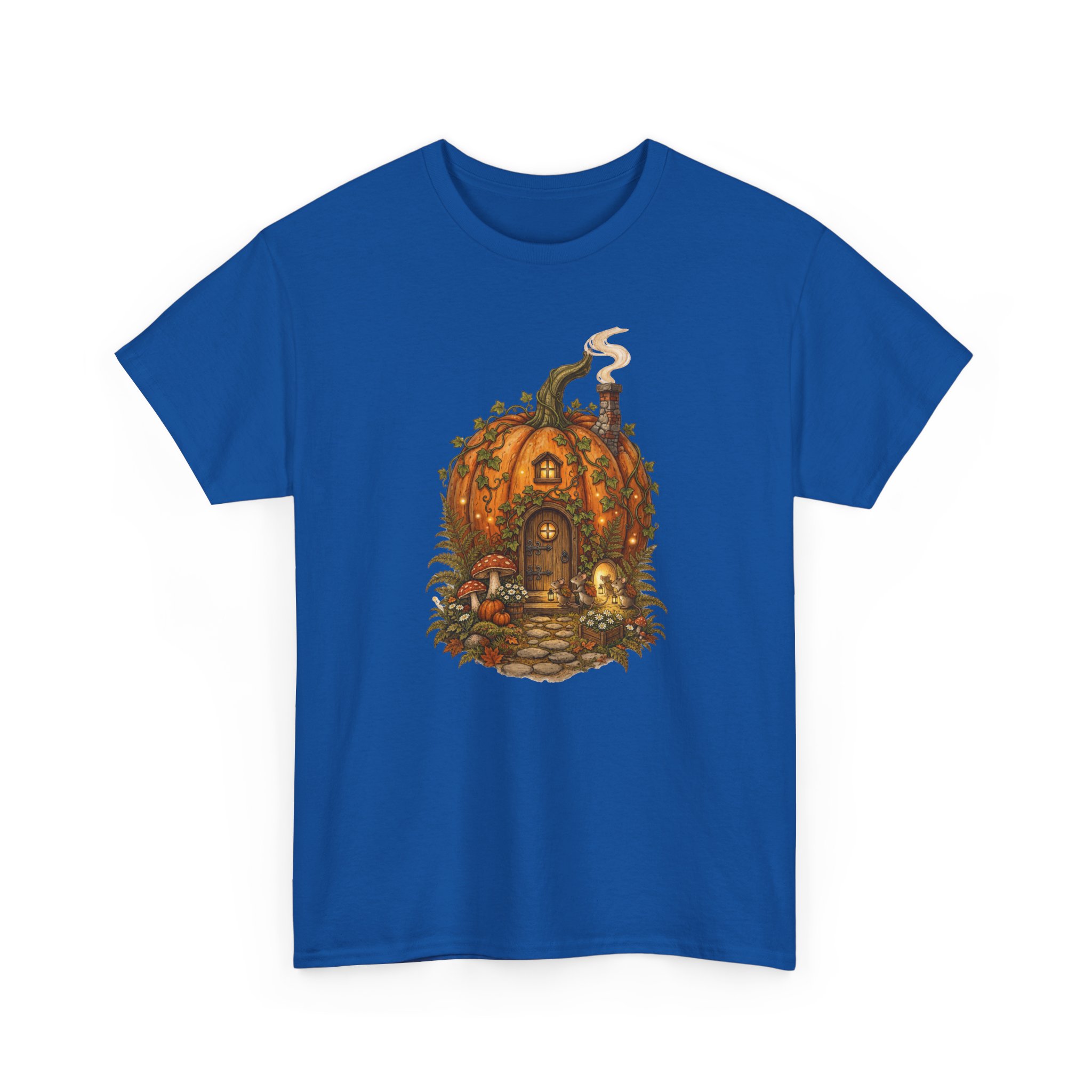 Full Pumpkin Cottage Halloween design printed on a soft cotton T‑shirt.